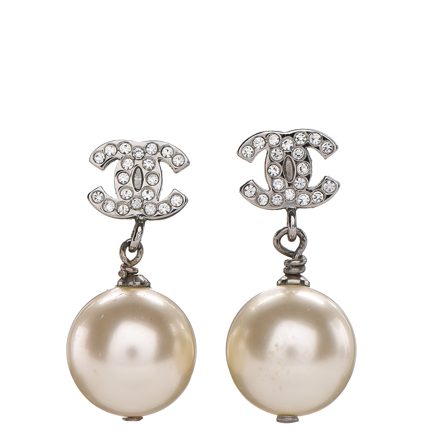 CHANEL Crystal Pearl CC Drop Earrings Silver 234444