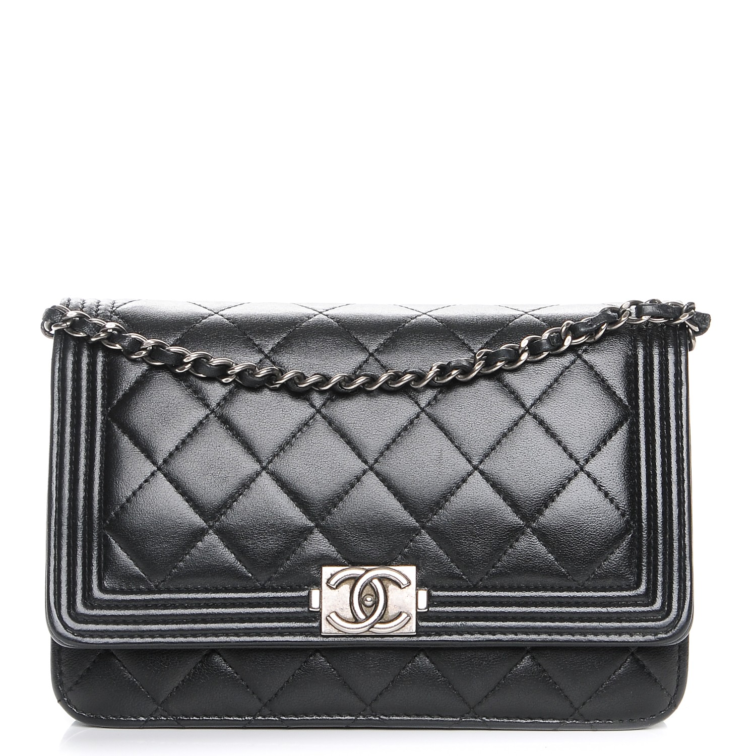 CHANEL Lambskin Quilted Boy Wallet On Chain WOC Black 222554