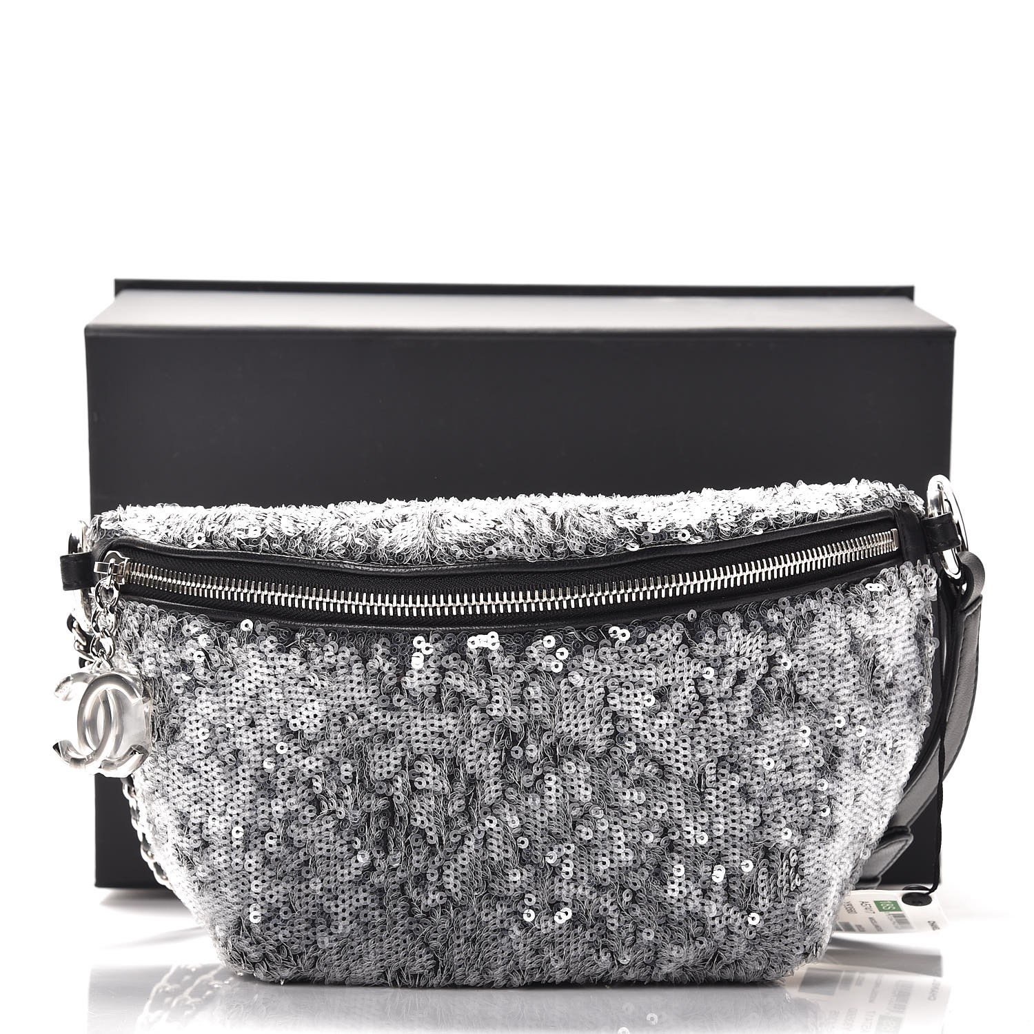 CHANEL Sequin Waist Bag Fanny Pack Silver Black 272993