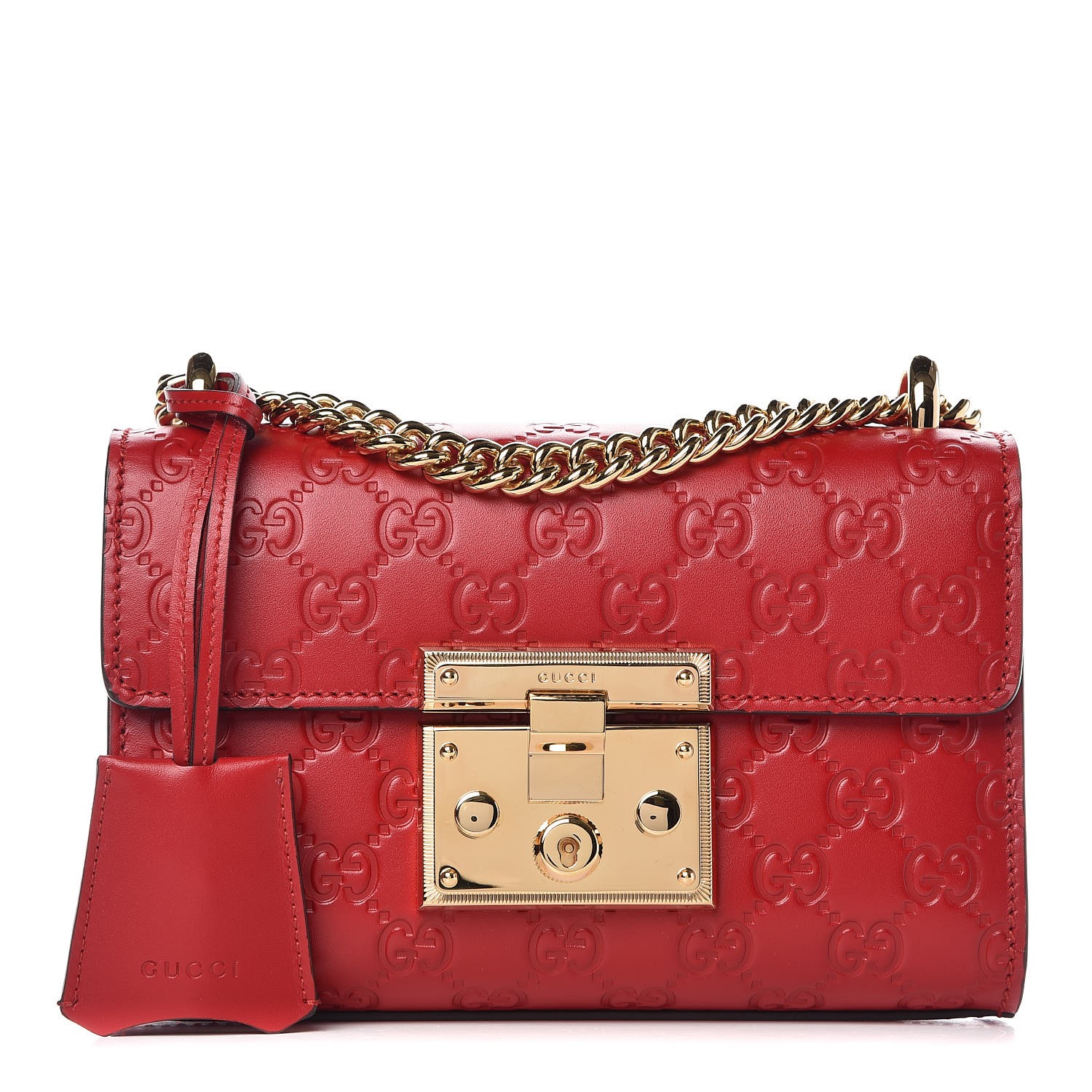 GUCCI Guccissima Small Padlock Shoulder Bag Hibiscus Red 320208