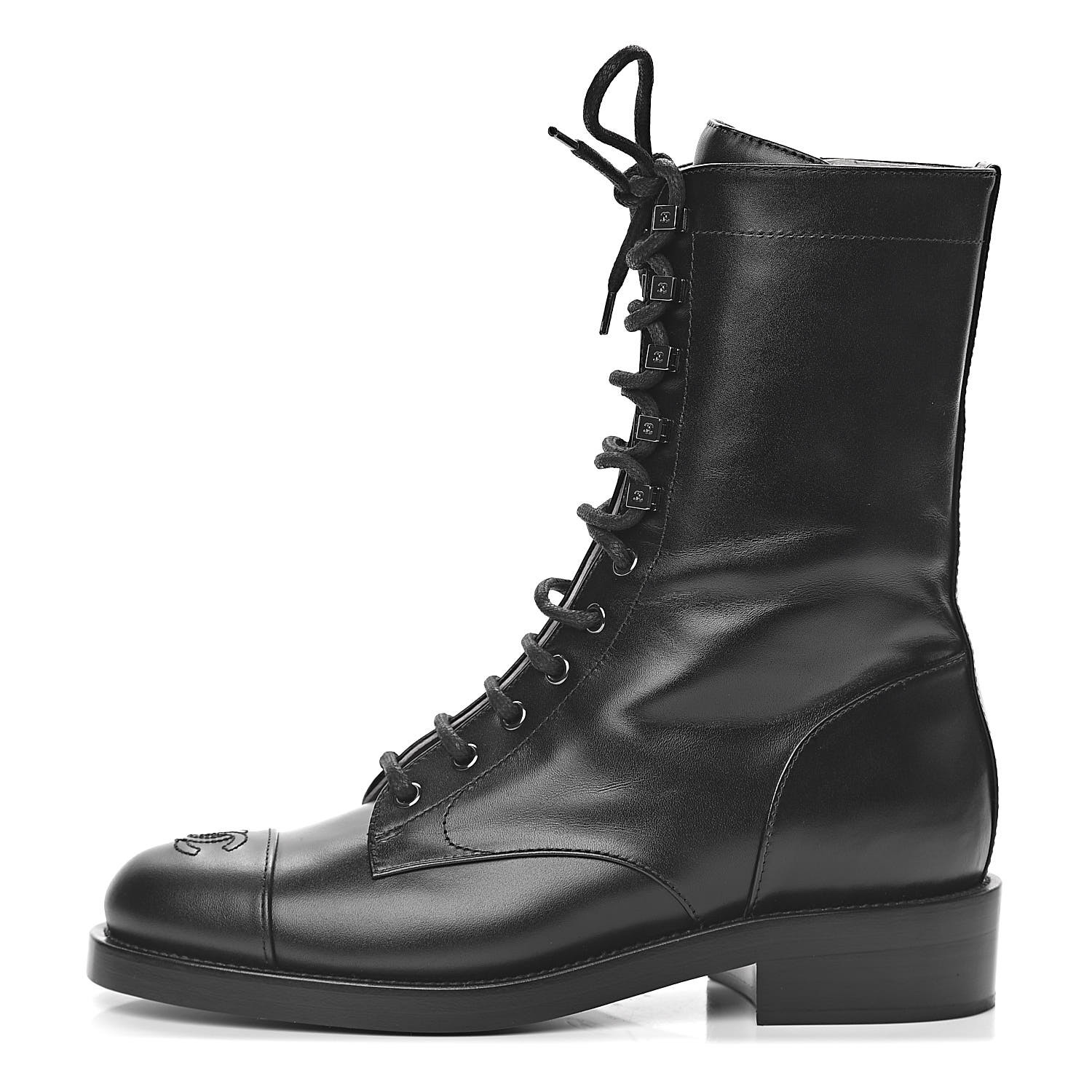 CHANEL Calfskin CC Combat Boots 39.5 Black 479776 | FASHIONPHILE