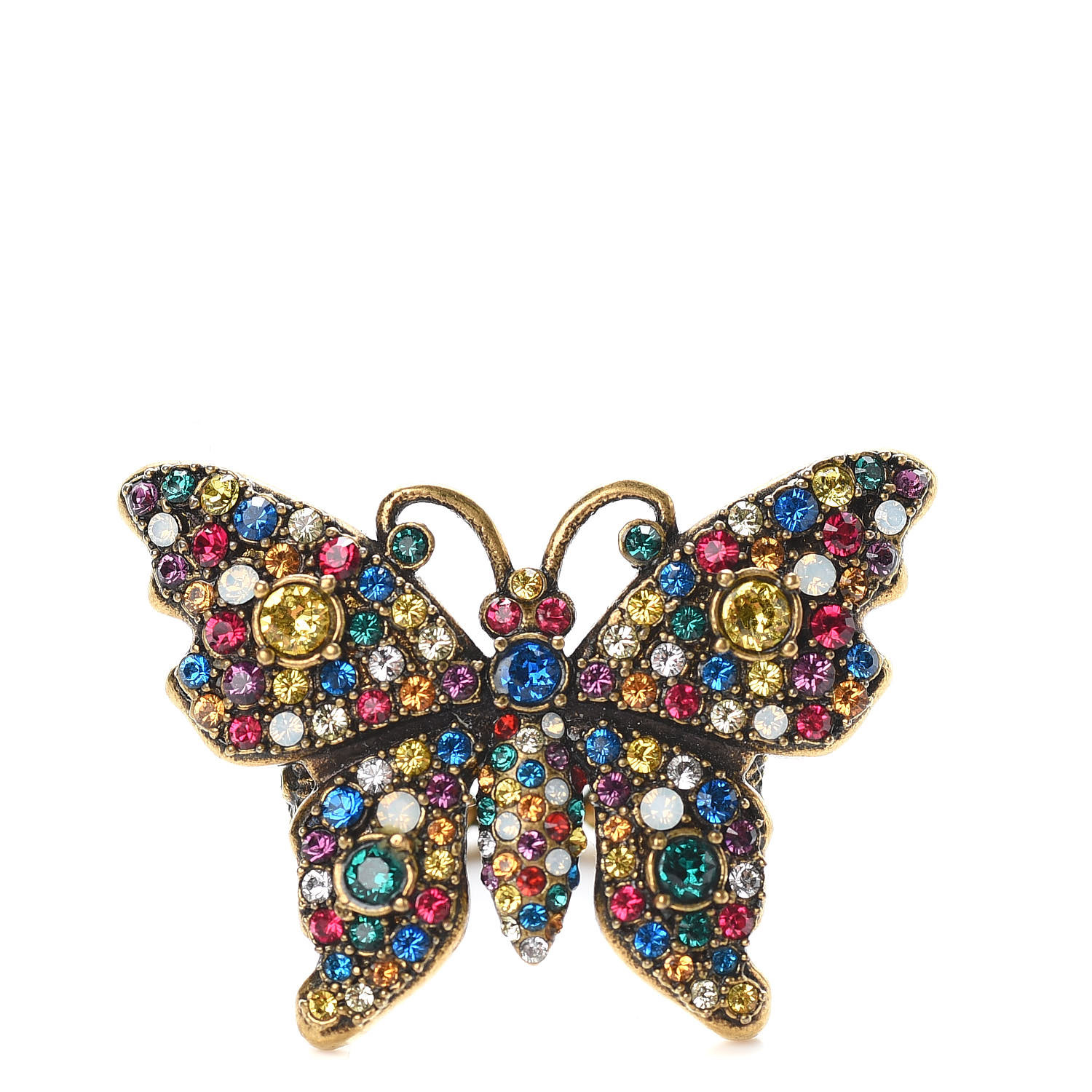 GUCCI Metal Crystal Butterfly Studded Ring S Aged Gold Multicolor ...