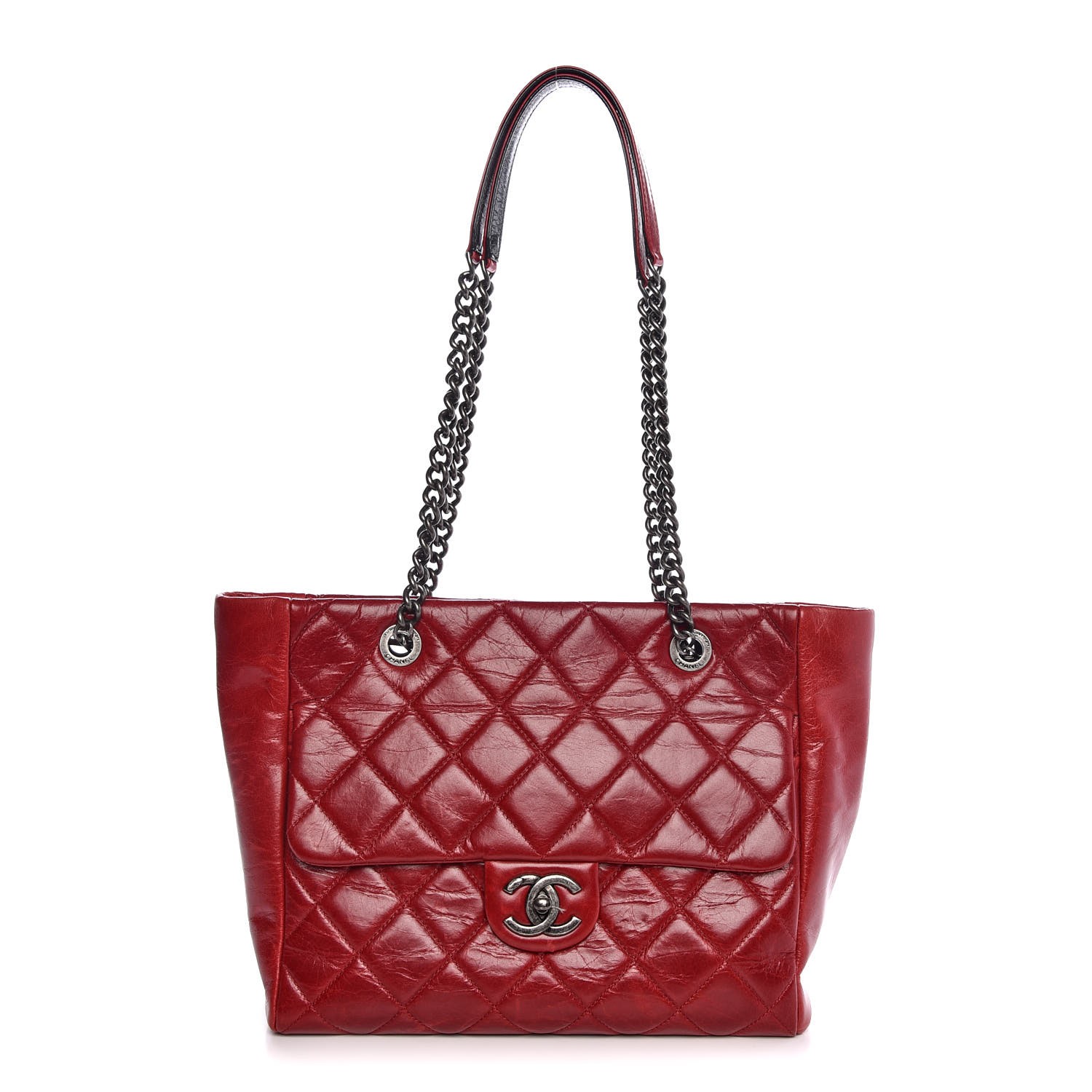 CHANEL Glazed Calfskin Quilted Front Pocket Tote Red 314946