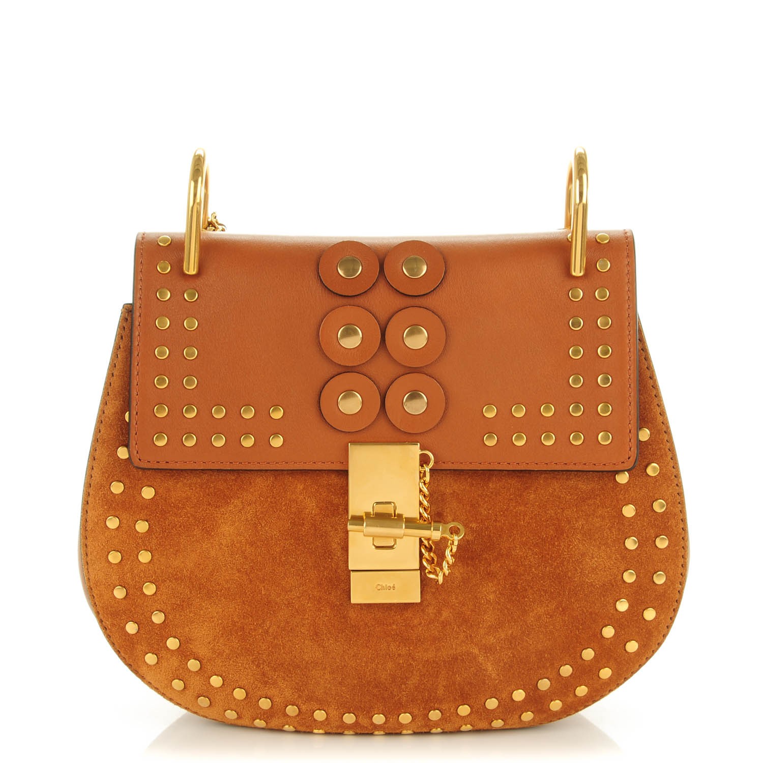 CHLOE Suede Smooth Calfskin Studded Small Drew Crossbody Bag Caramel 160419