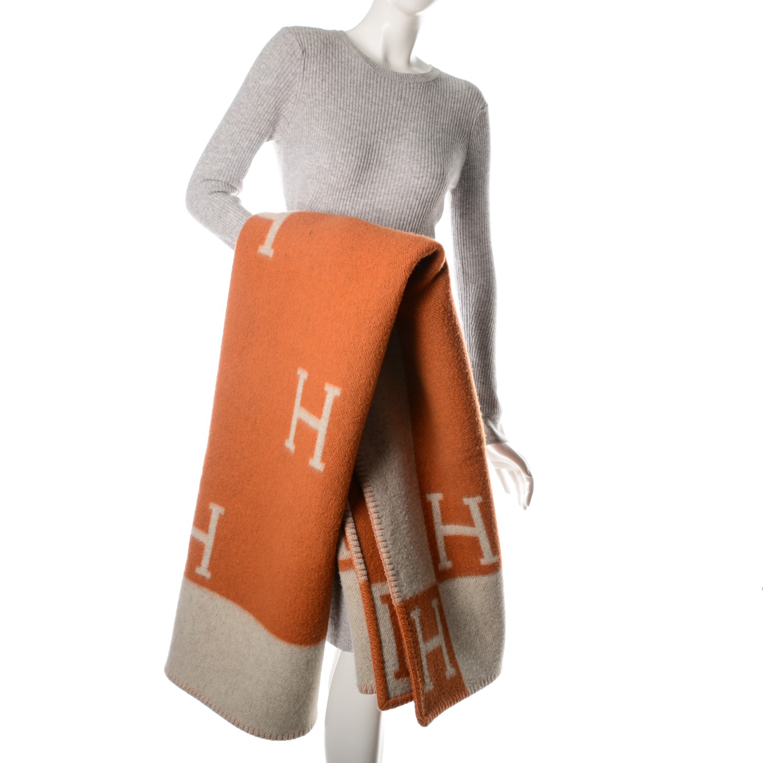 HERMES Wool Cashmere Signature Classic Avalon Blanket Ecru Potiron ...