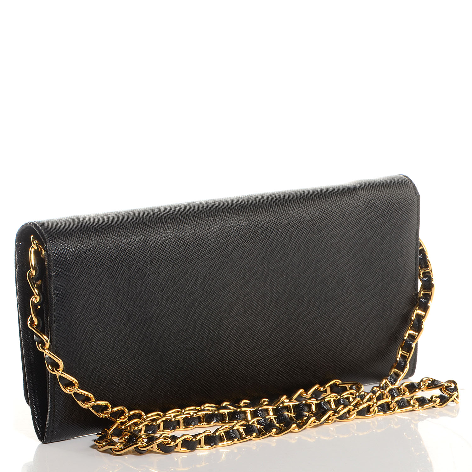 PRADA Saffiano Metal Oro Chain Wallet Nero Black 90073