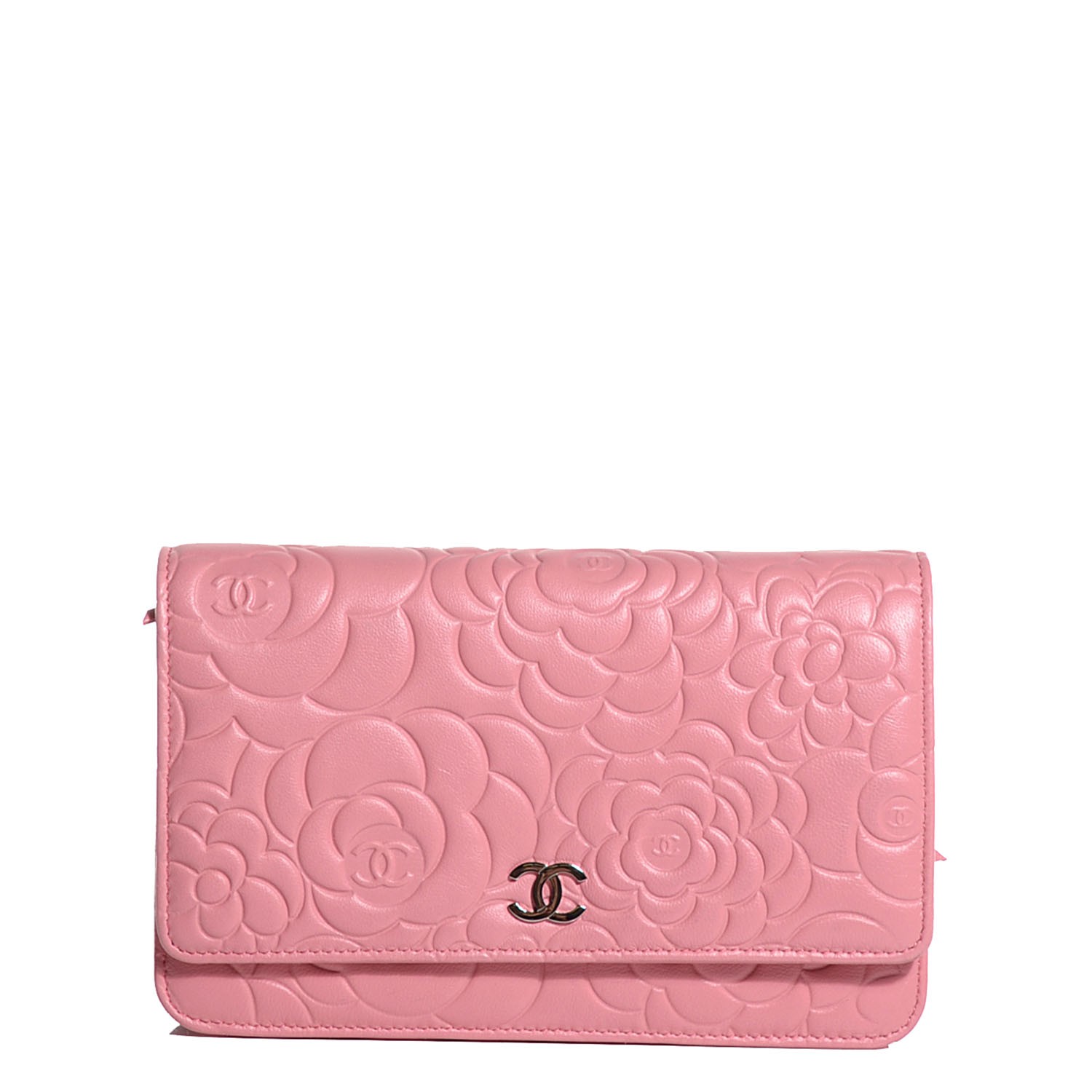 CHANEL Lambskin Camellia Embossed Wallet on Chain WOC Pink 102692