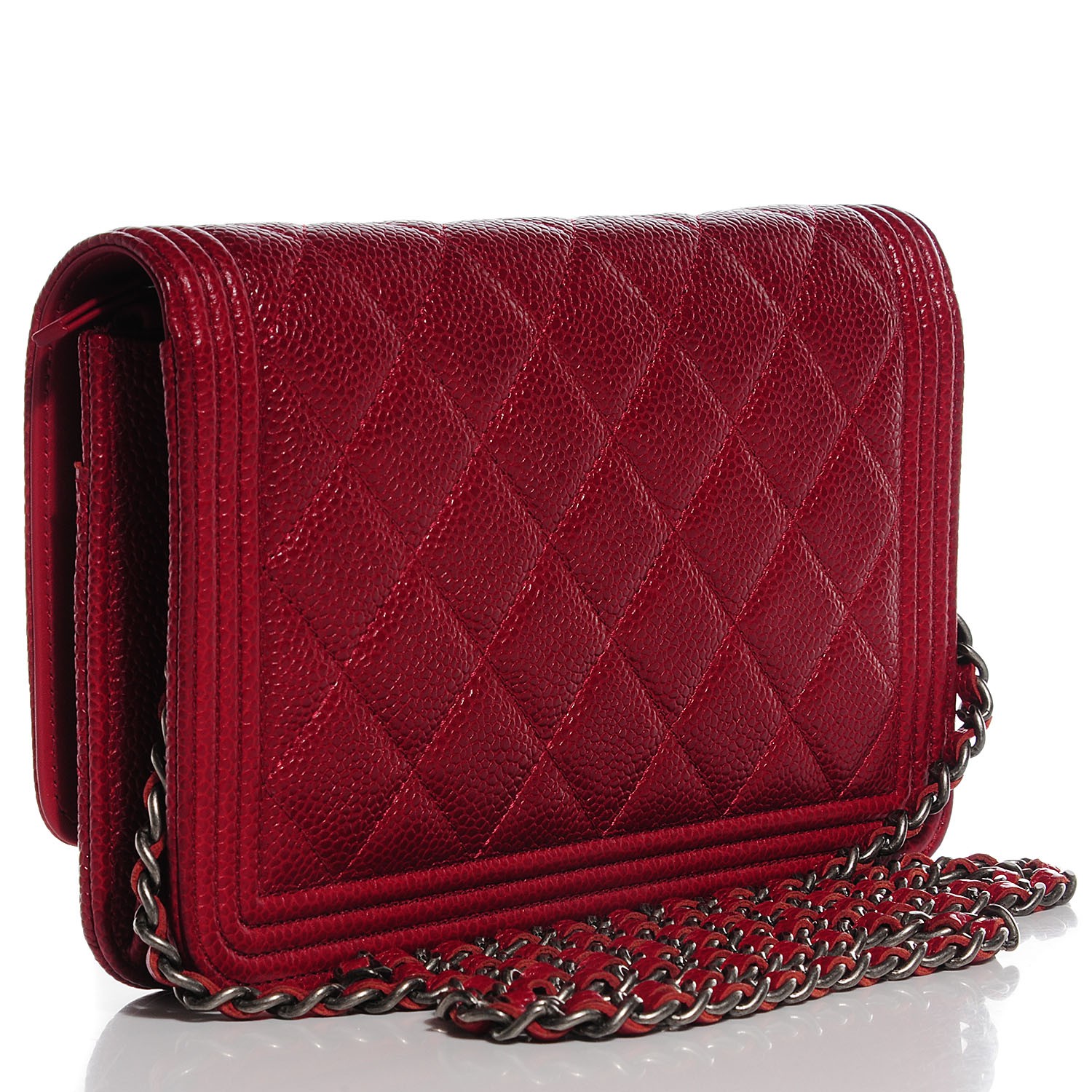 CHANEL Caviar Quilted Boy Wallet On Chain WOC Red 100504