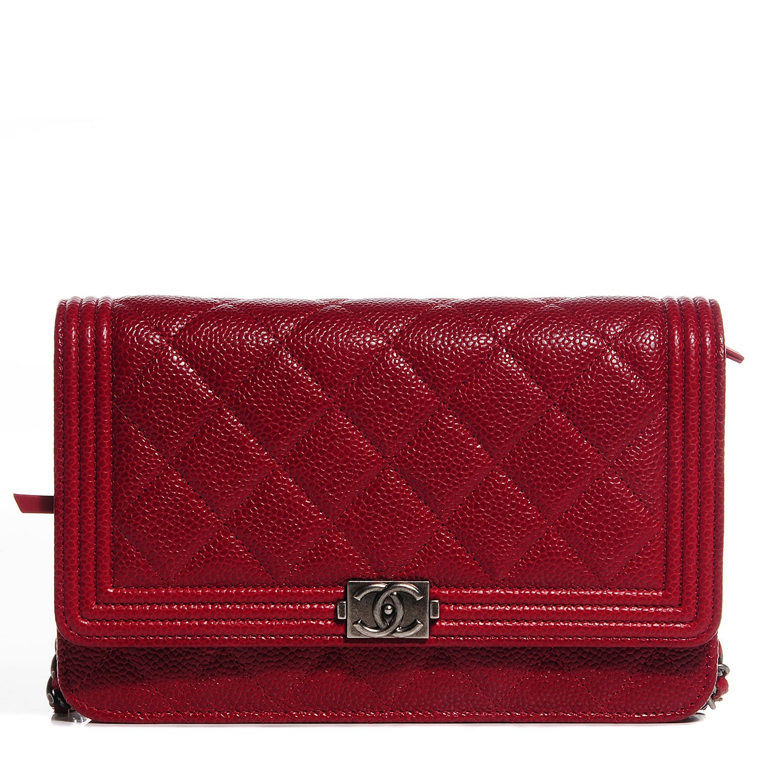 CHANEL Caviar Quilted Boy Wallet On Chain WOC Red 100504