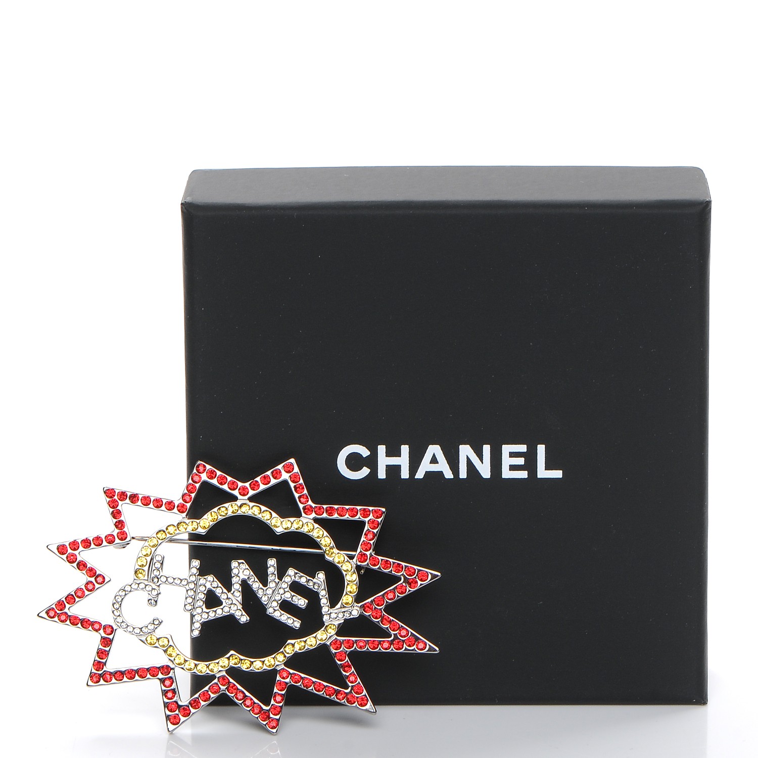 CHANEL Ruthenium Crystal CC Brooch Red Yellow 221648