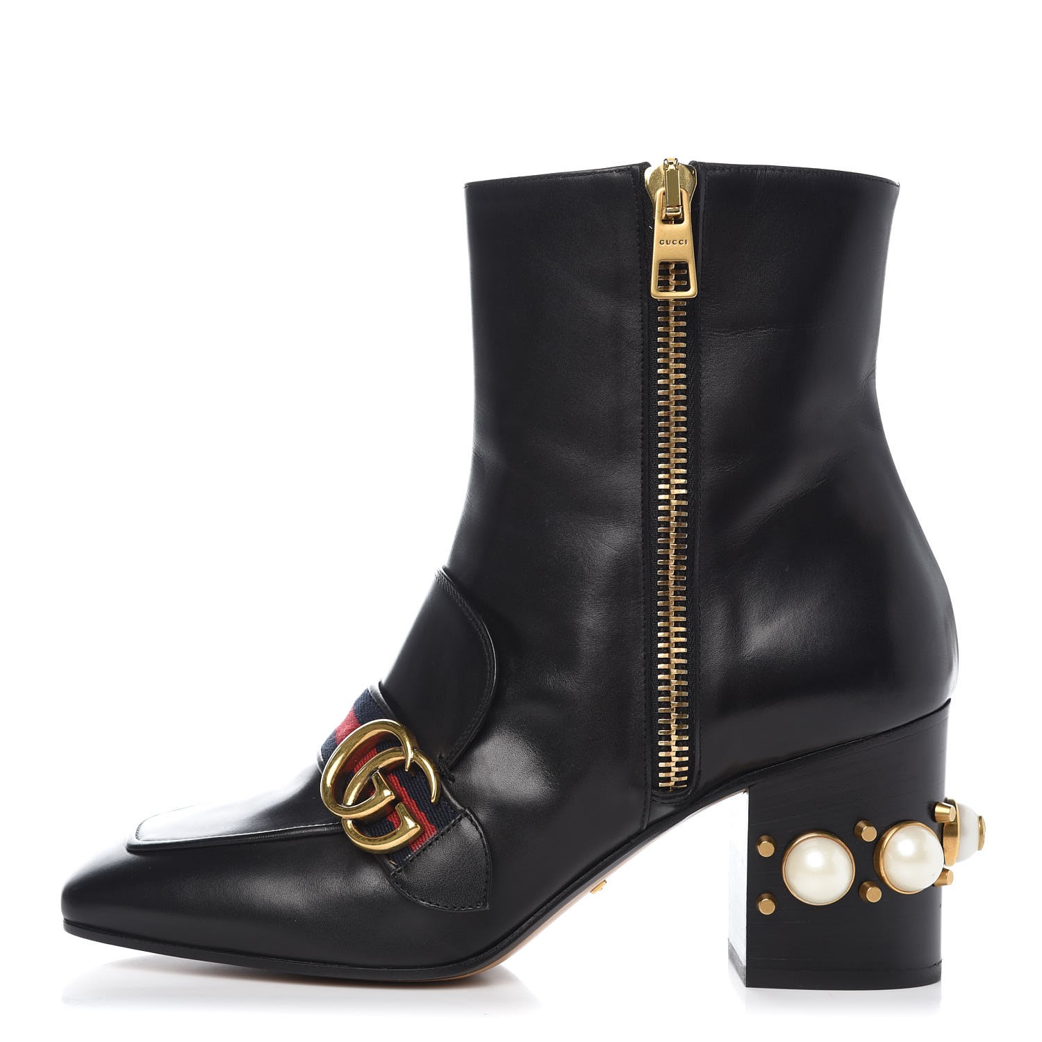 GUCCI Calfskin Web Pearl Embellished Mid-Heel Ankle Boots 39 Black 328409