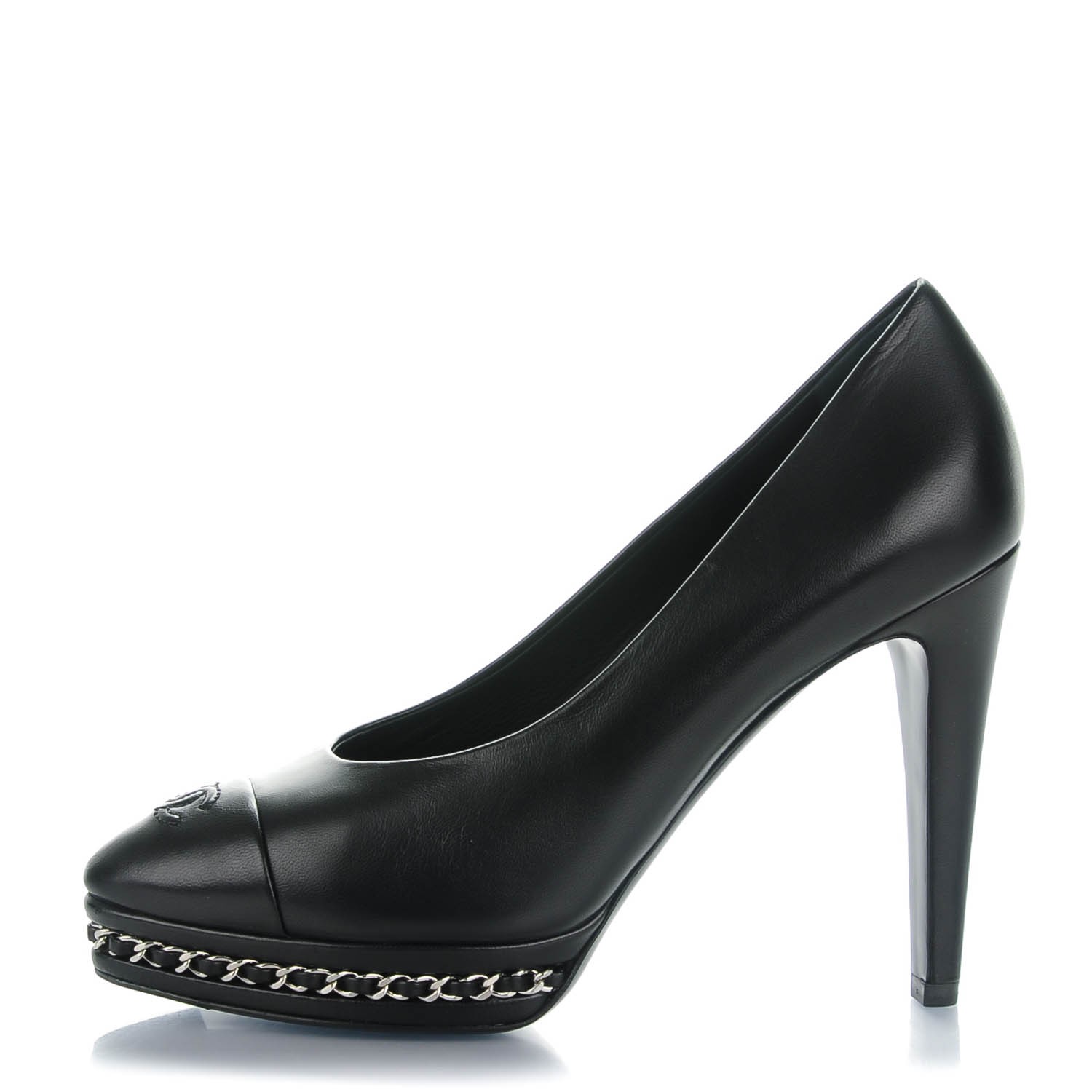 CHANEL Calfskin Platform Chain Pumps 36 Black 145166