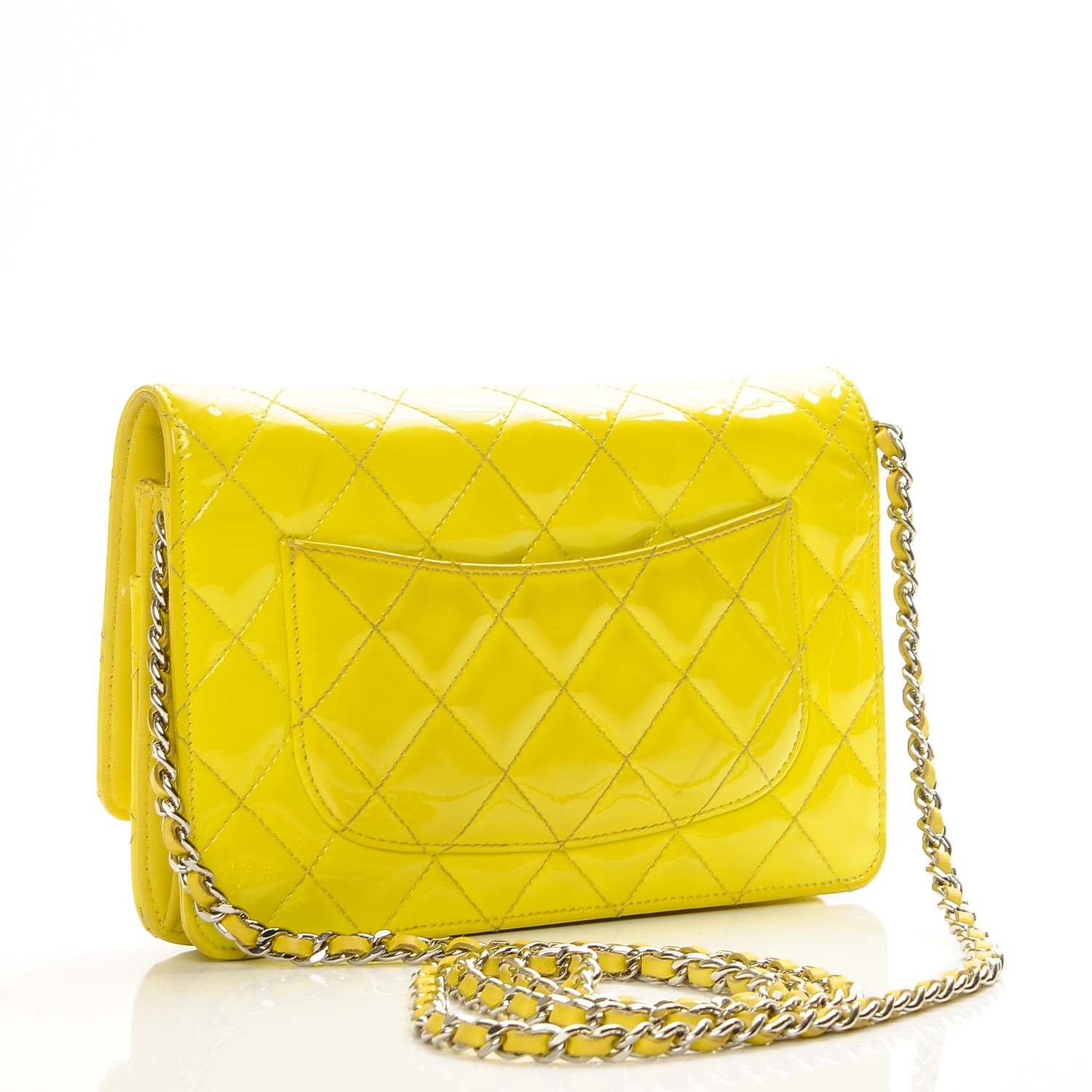 CHANEL Patent Quilted Wallet On Chain WOC Yellow 201539