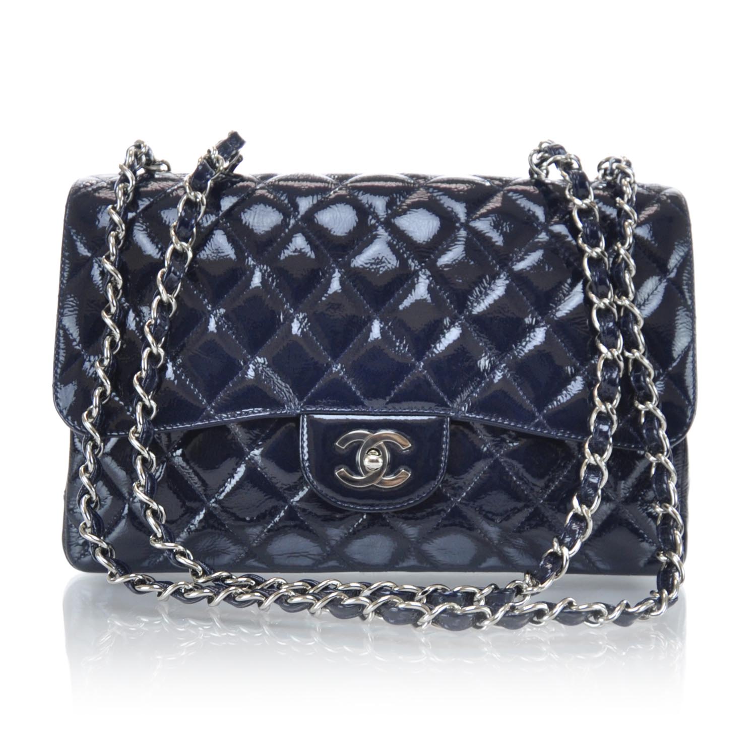 CHANEL Crackled Patent Jumbo Flap Navy Blue 29969