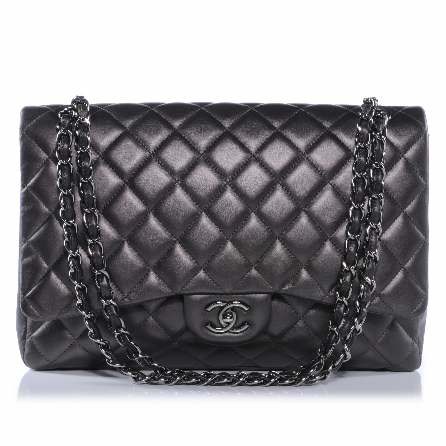 CHANEL Lambskin Maxi Single Flap Flap Dark Grey 39348