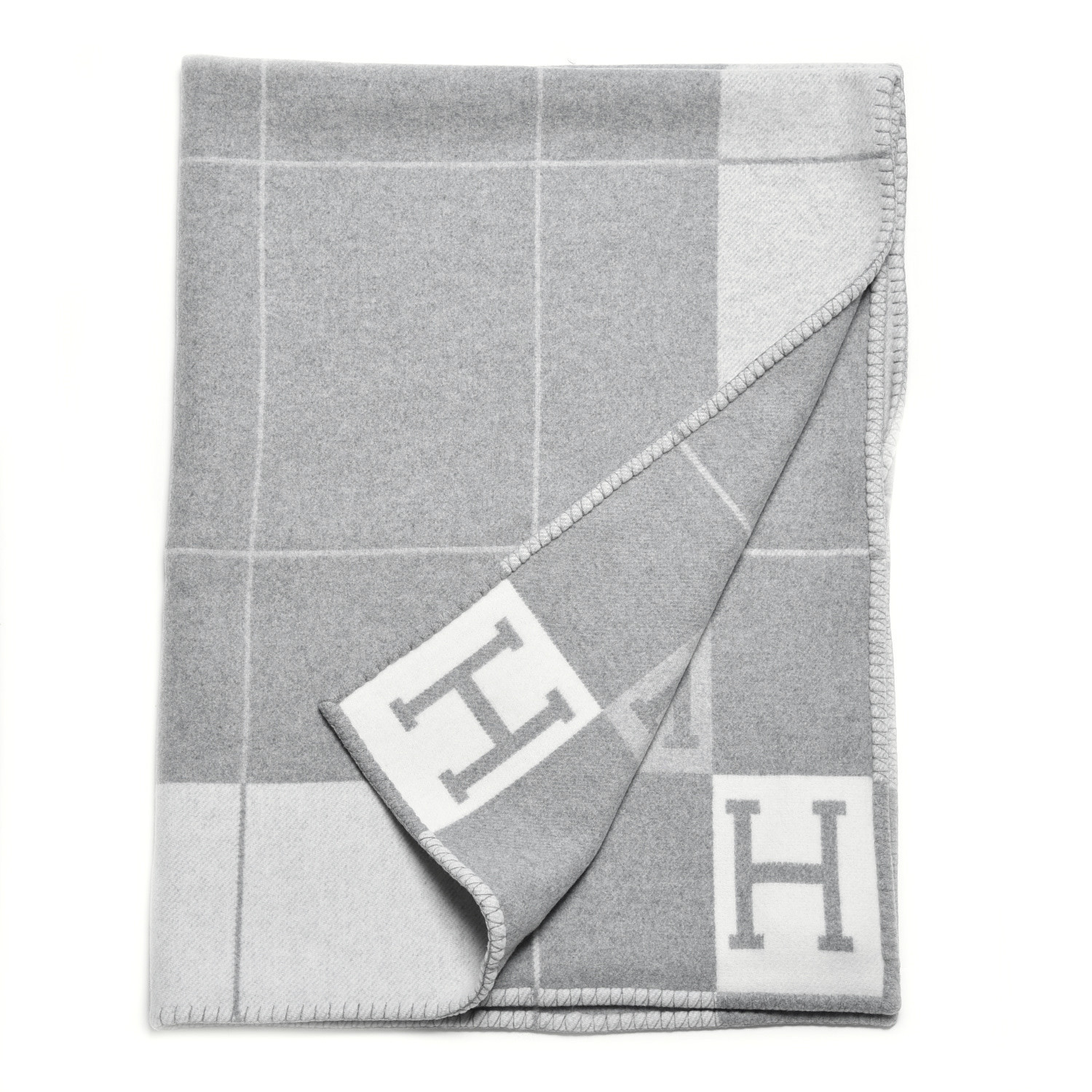 HERMES Wool Cashmere Avalon III Blanket Ecru Gris Clair 432395