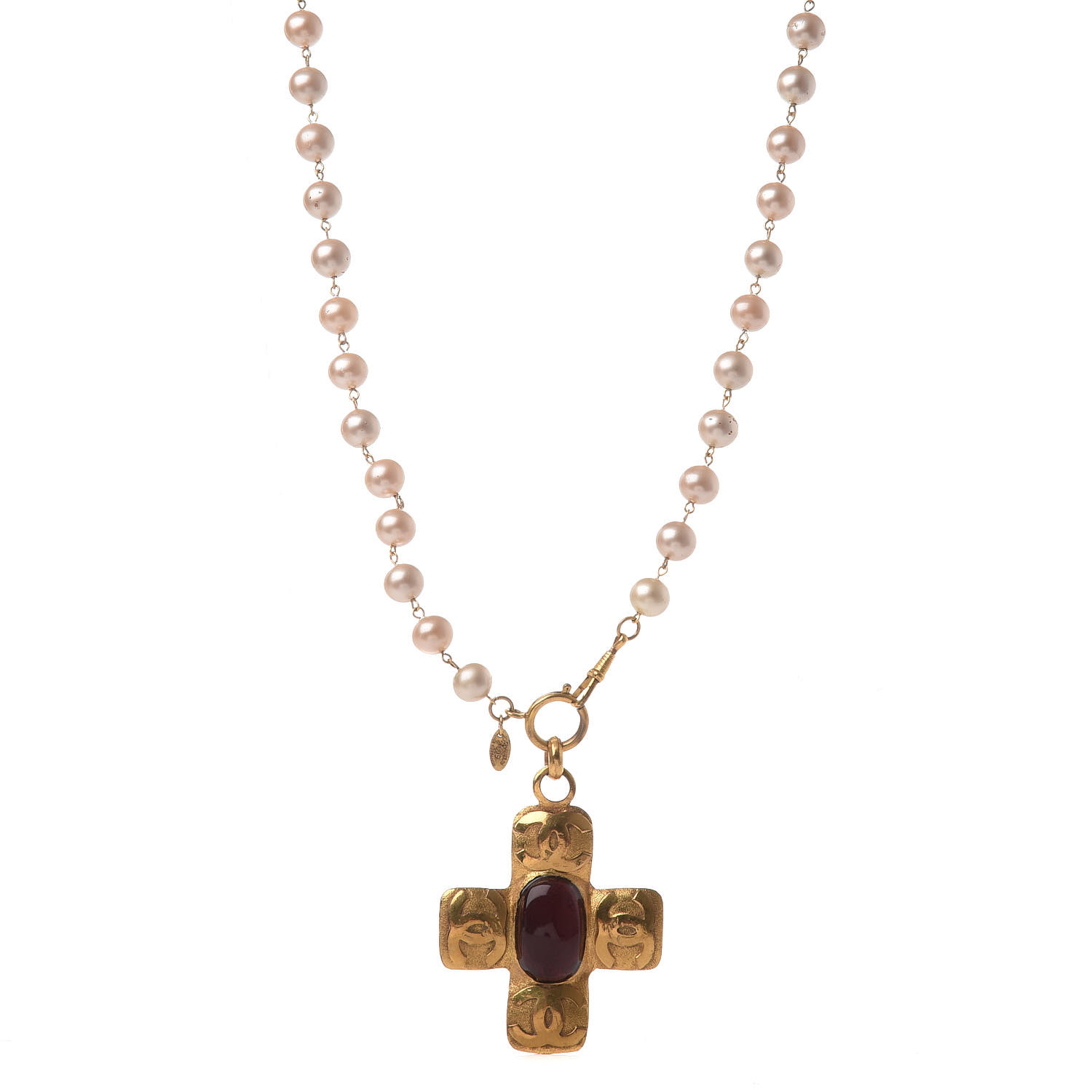 CHANEL Pearl CC Cross Pendant Necklace Gold 423040