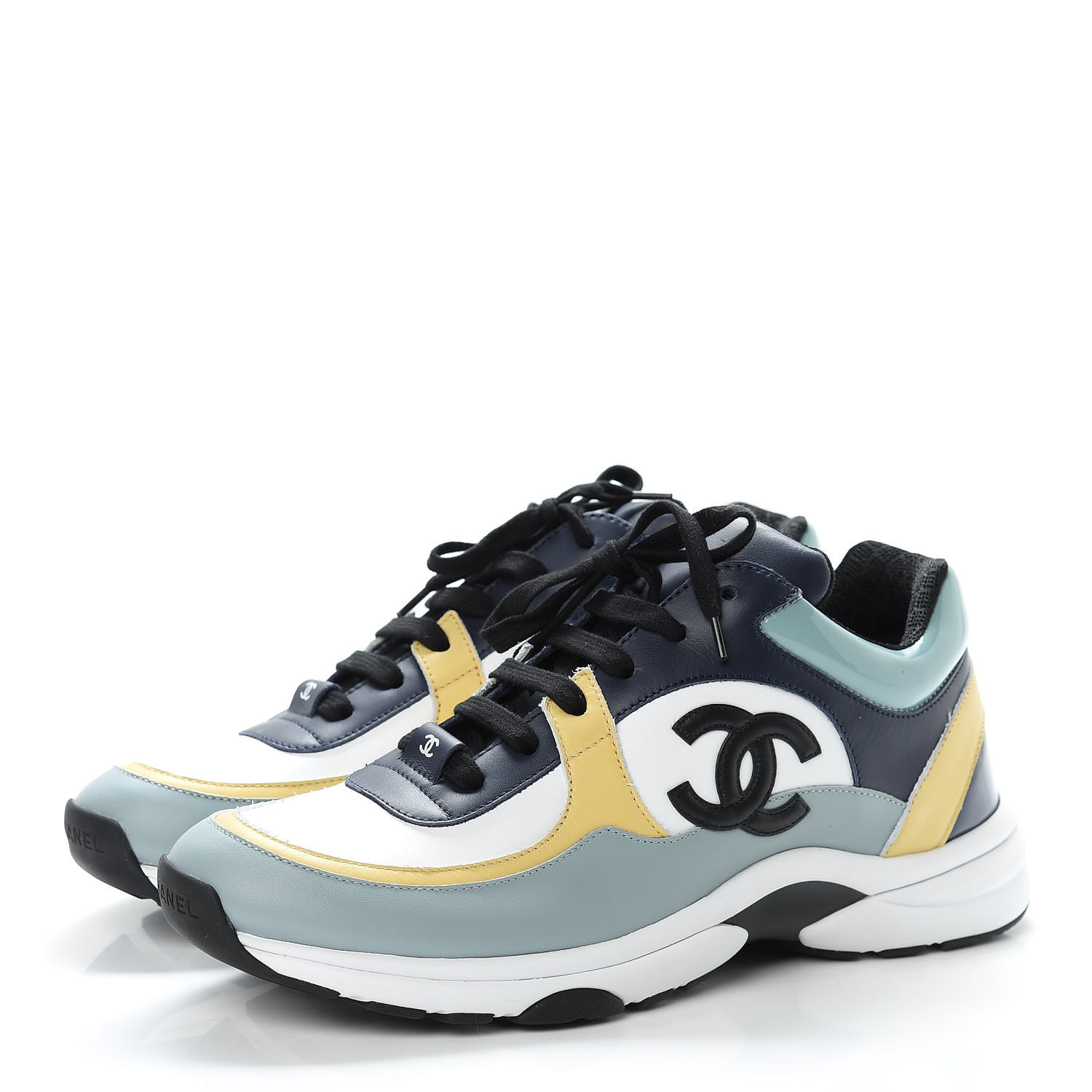 CHANEL Calfskin Patent CC Sneakers 41 White Blue Yellow 472851