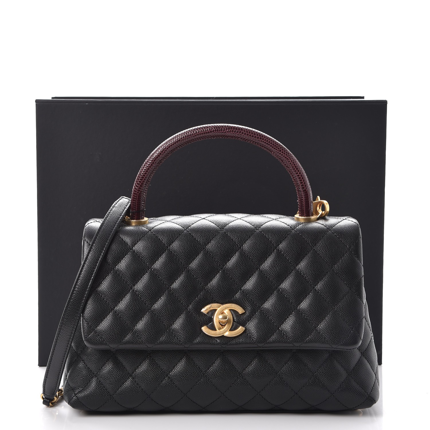 CHANEL Caviar Lizard Quilted Small Coco Handle Flap Black 253476 ...