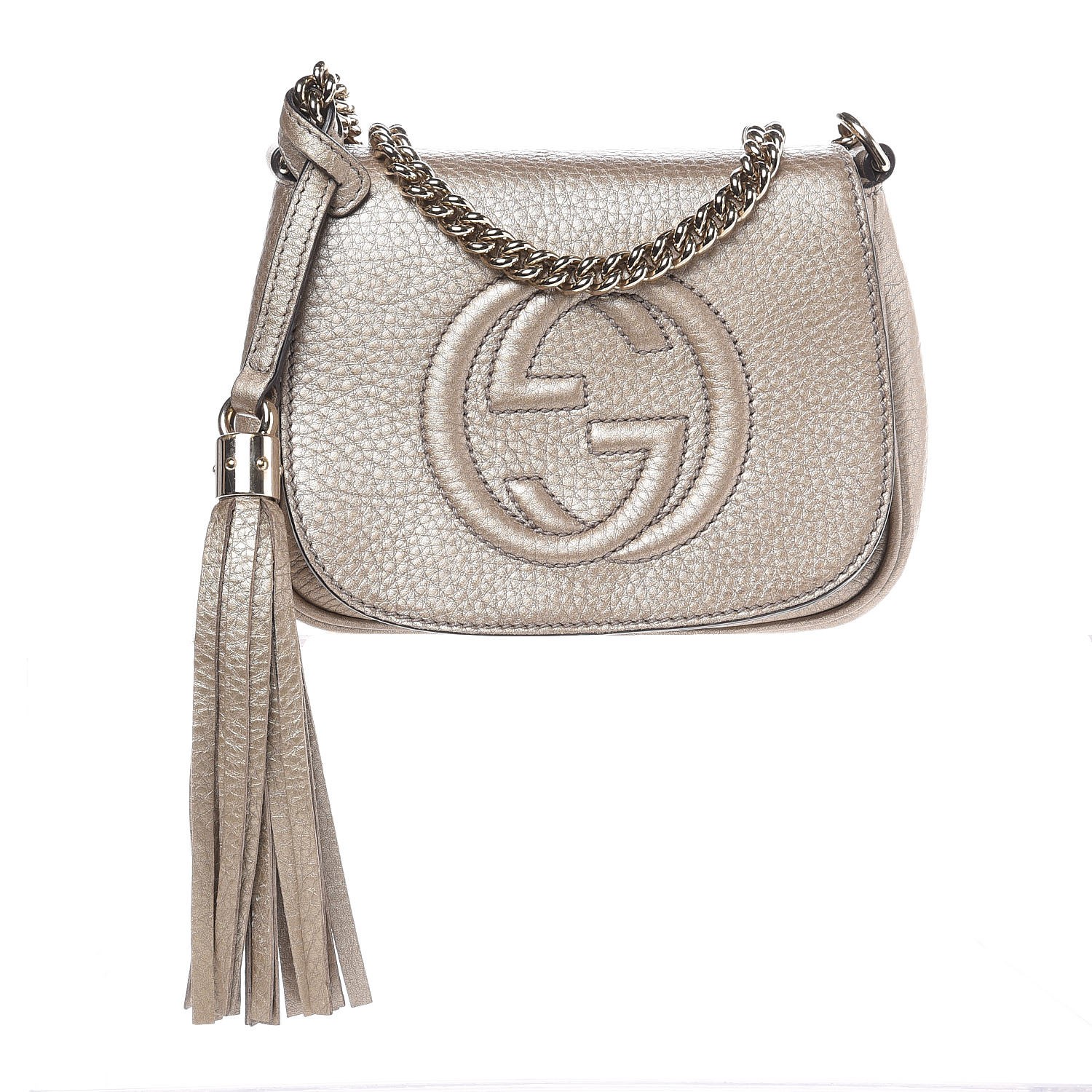 GUCCI Metallic Pebbled Calfskin Small Soho Chain Shoulder Bag Golden Beige 284471