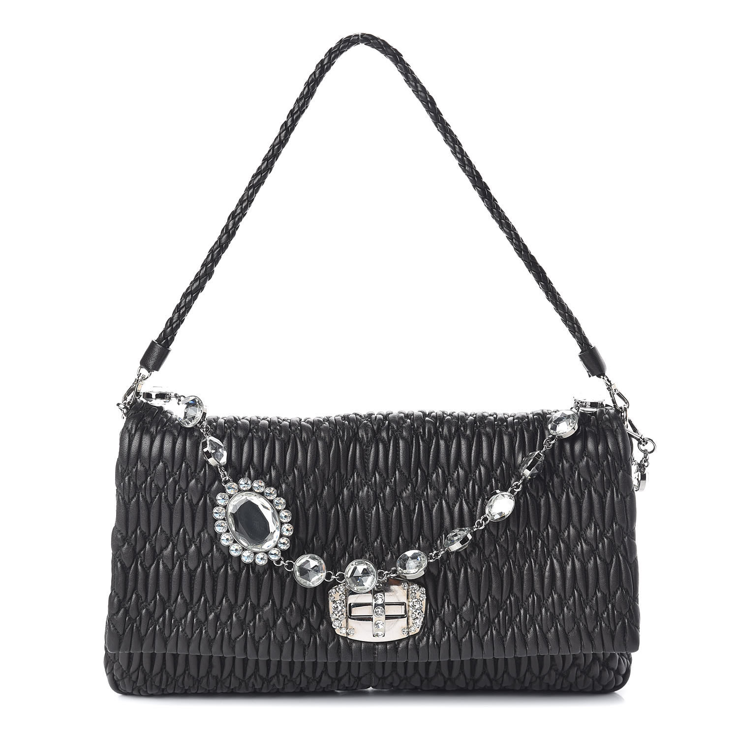 MIU MIU Nappa Matelasse Crystal Flap Clutch Black 524274