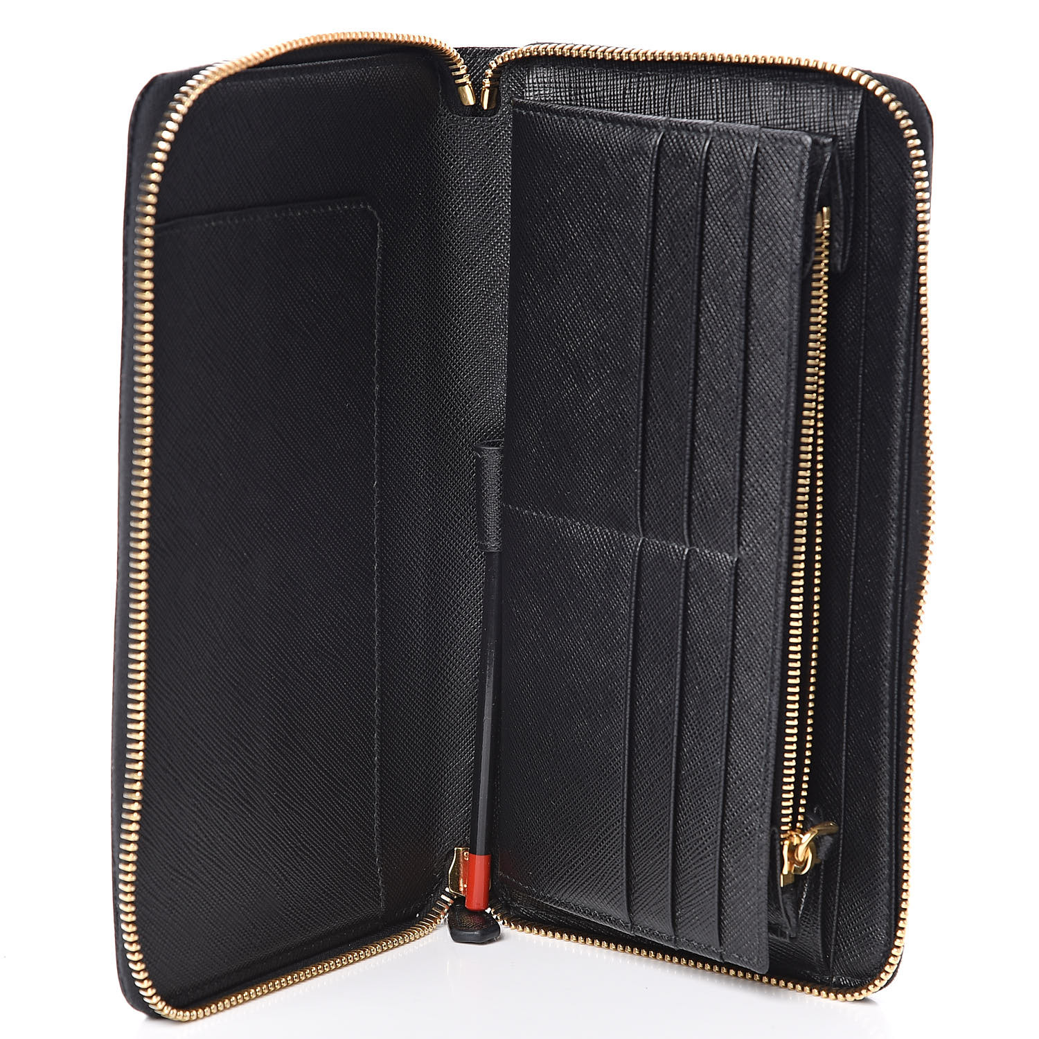 PRADA Saffiano Metal Large Zip Around Travel Wallet Black 507603