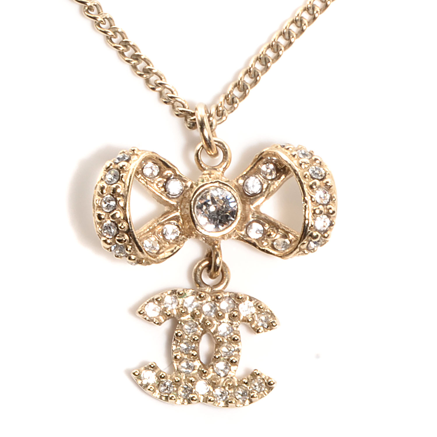 Chanel Crystal CC Bow Necklace Gold 77168