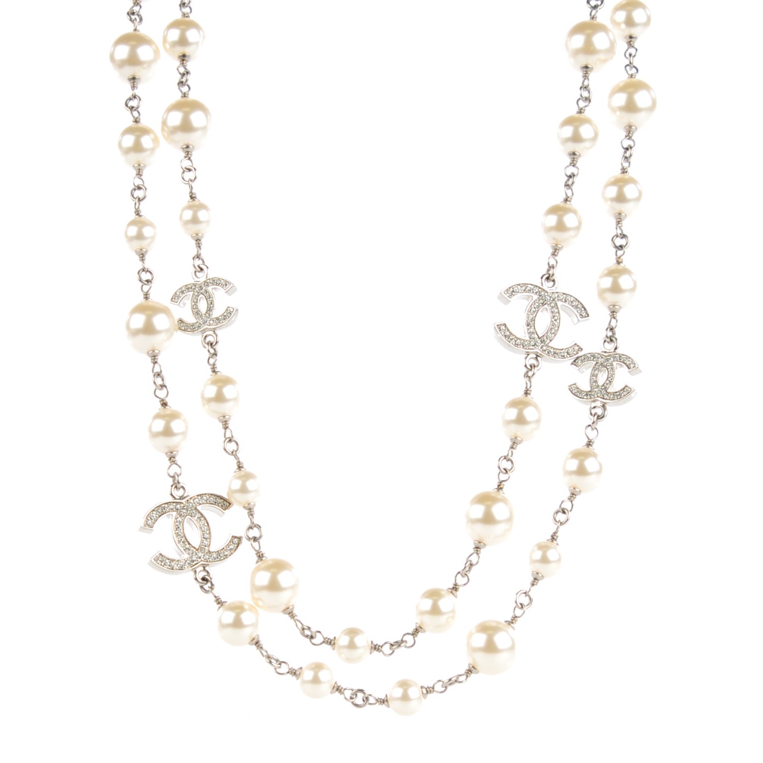 CHANEL Crystal Pearl CC Long Necklace Silver 114889