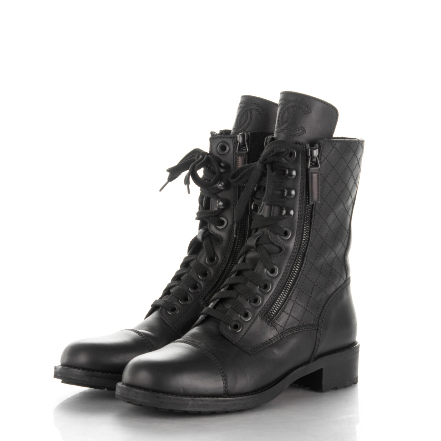 CHANEL Calfskin Combat Boots 39.5 Black 173988