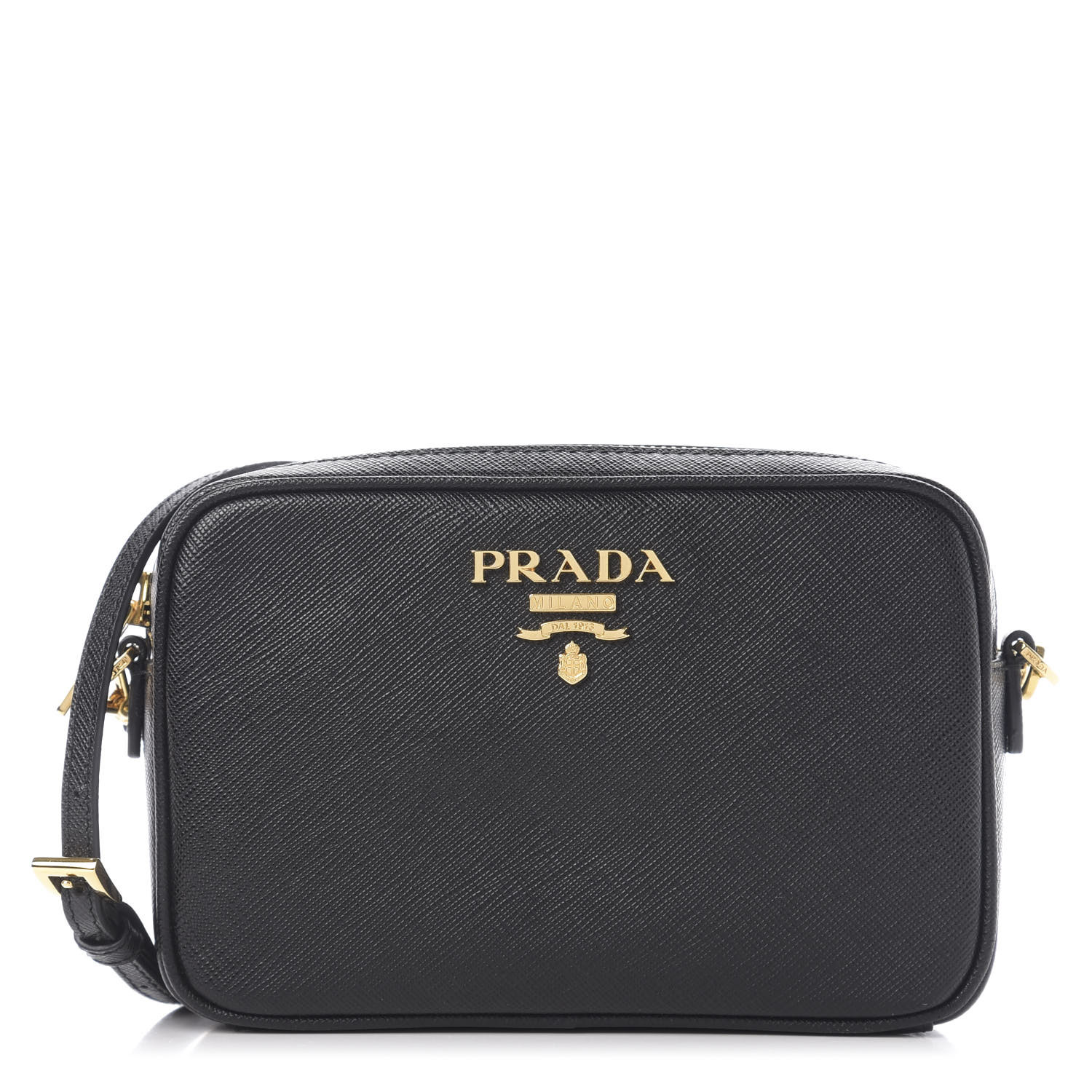 PRADA Saffiano Lux Small Camera Crossbody Bag Black 593927 | FASHIONPHILE