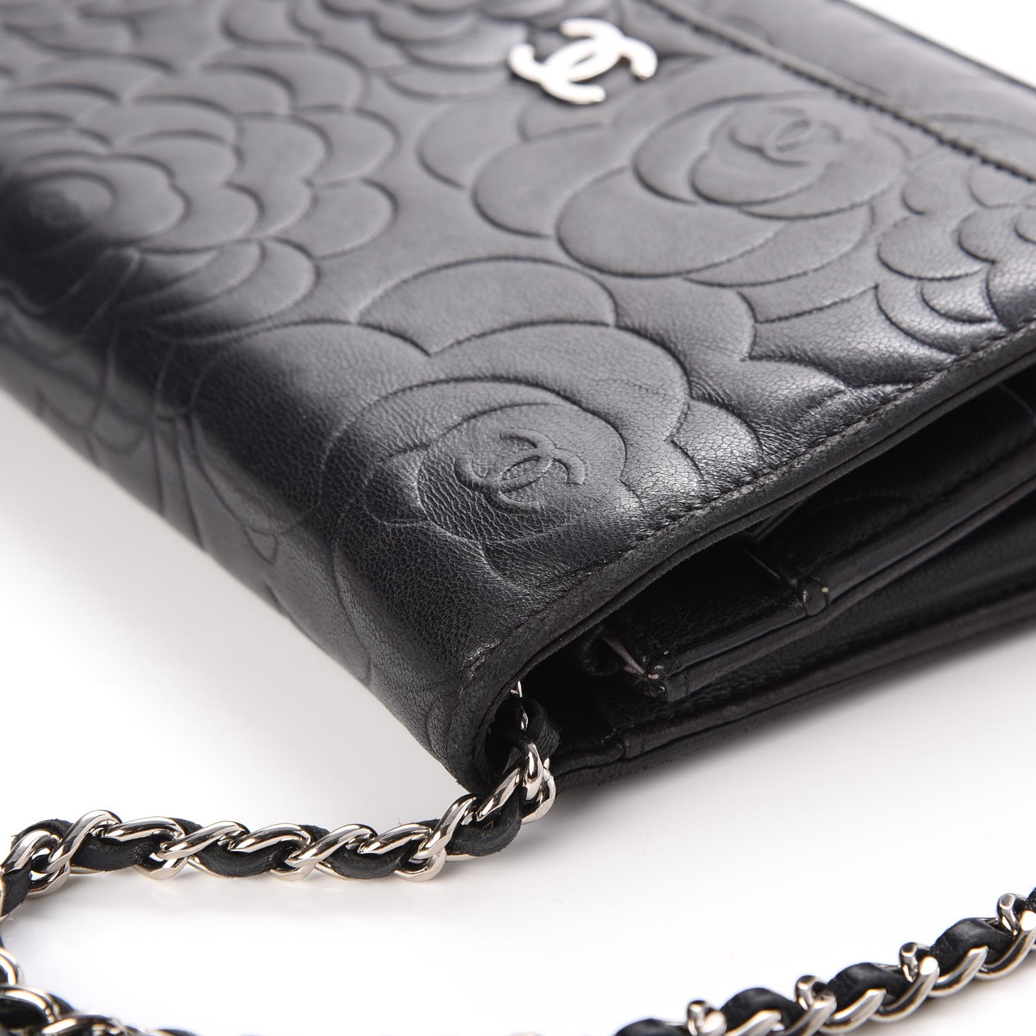 CHANEL Lambskin Camellia Embossed Wallet on Chain WOC Black 278060