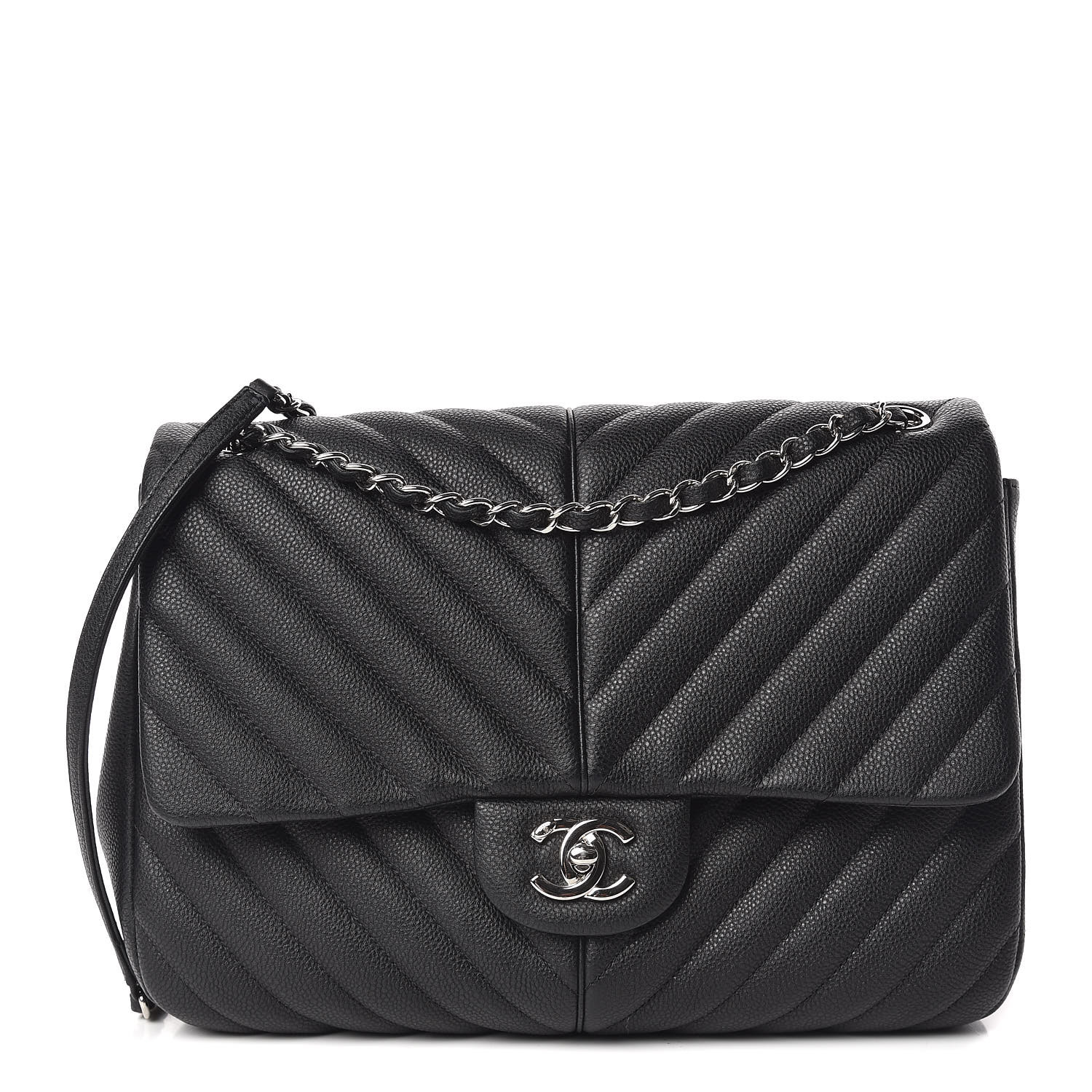 CHANEL Caviar Chevron Quilted Large Puffy CC Flap Black 434126