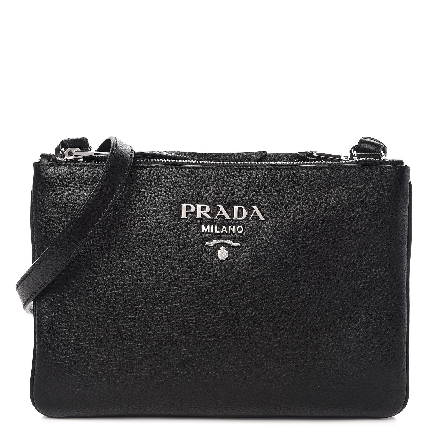 PRADA Vitello Phenix Double Zip Crossbody Bag Black 299357 | FASHIONPHILE