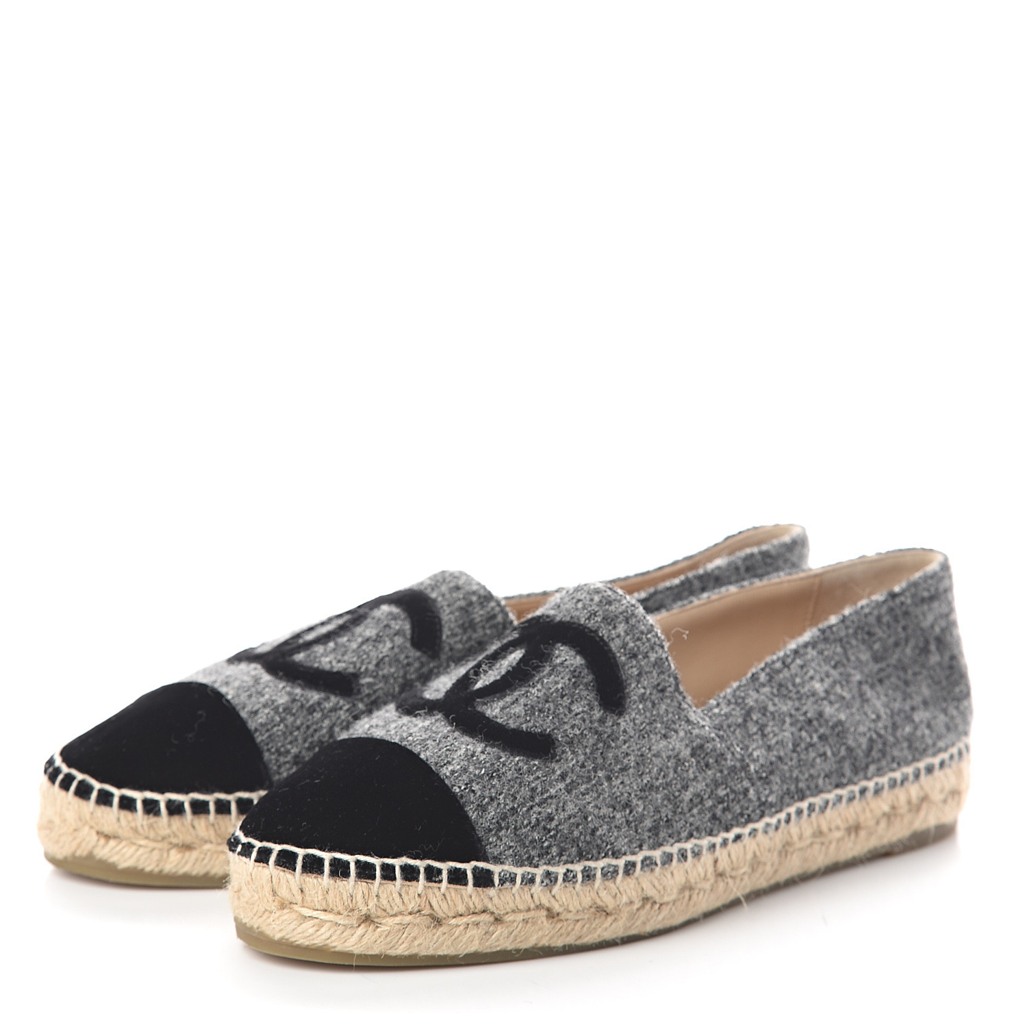 CHANEL Tweed Velvet CC Espadrilles 40 Grey Black 540626