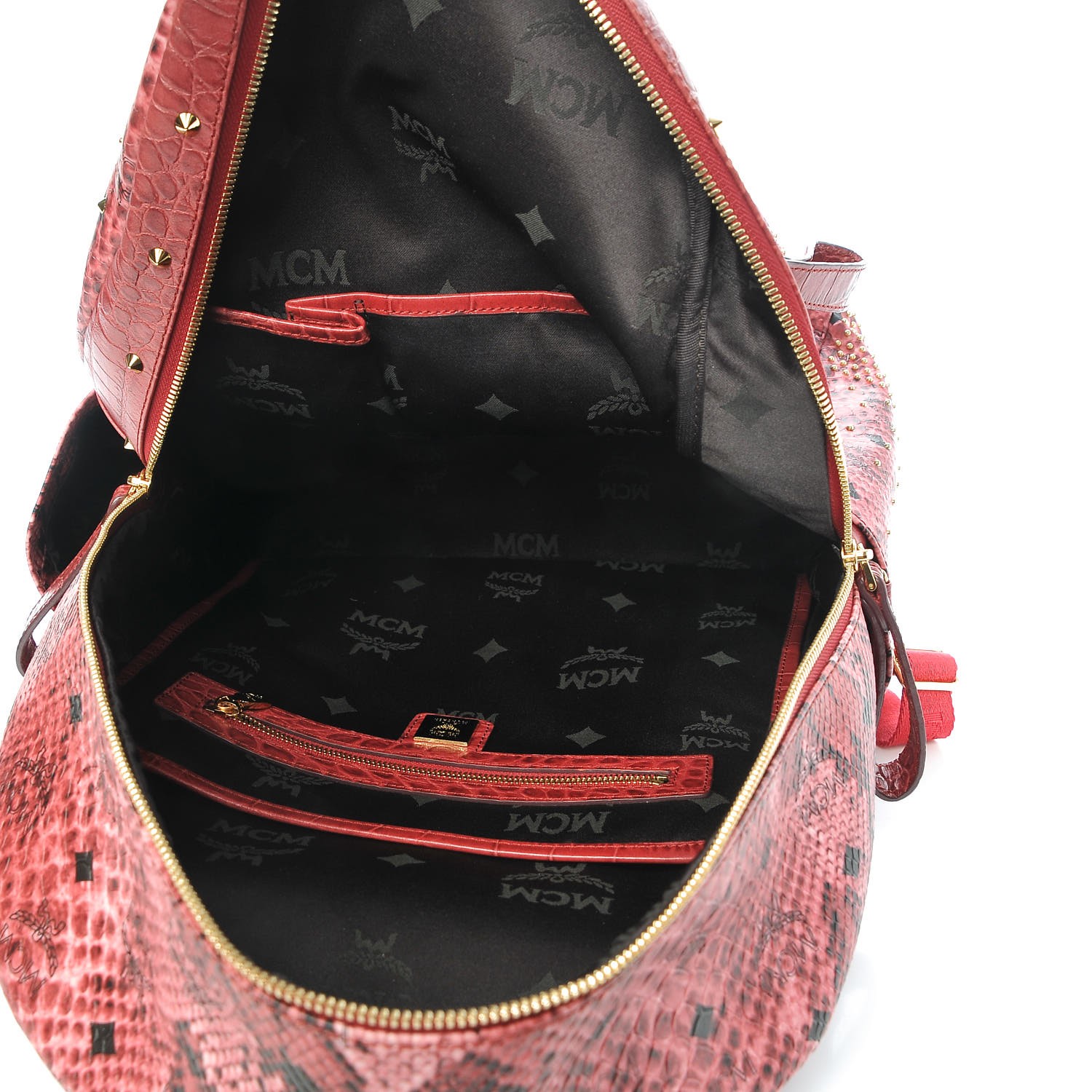 MCM Snakeskin Embossed Visetos Studded Medium Stark Backpack Red Pink