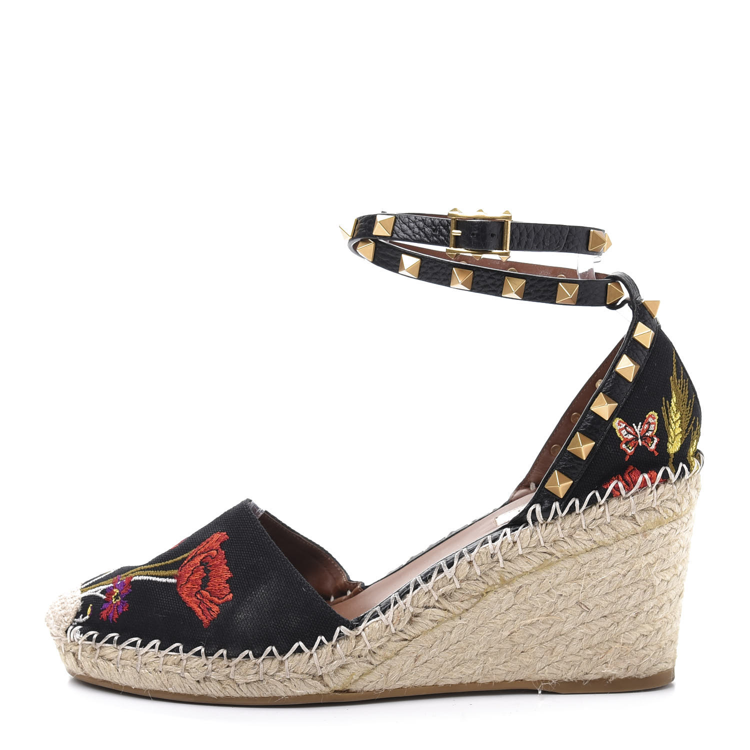 VALENTINO Canvas Poppy Embroidered Rockstud Ankle Wrap Espadrille ...
