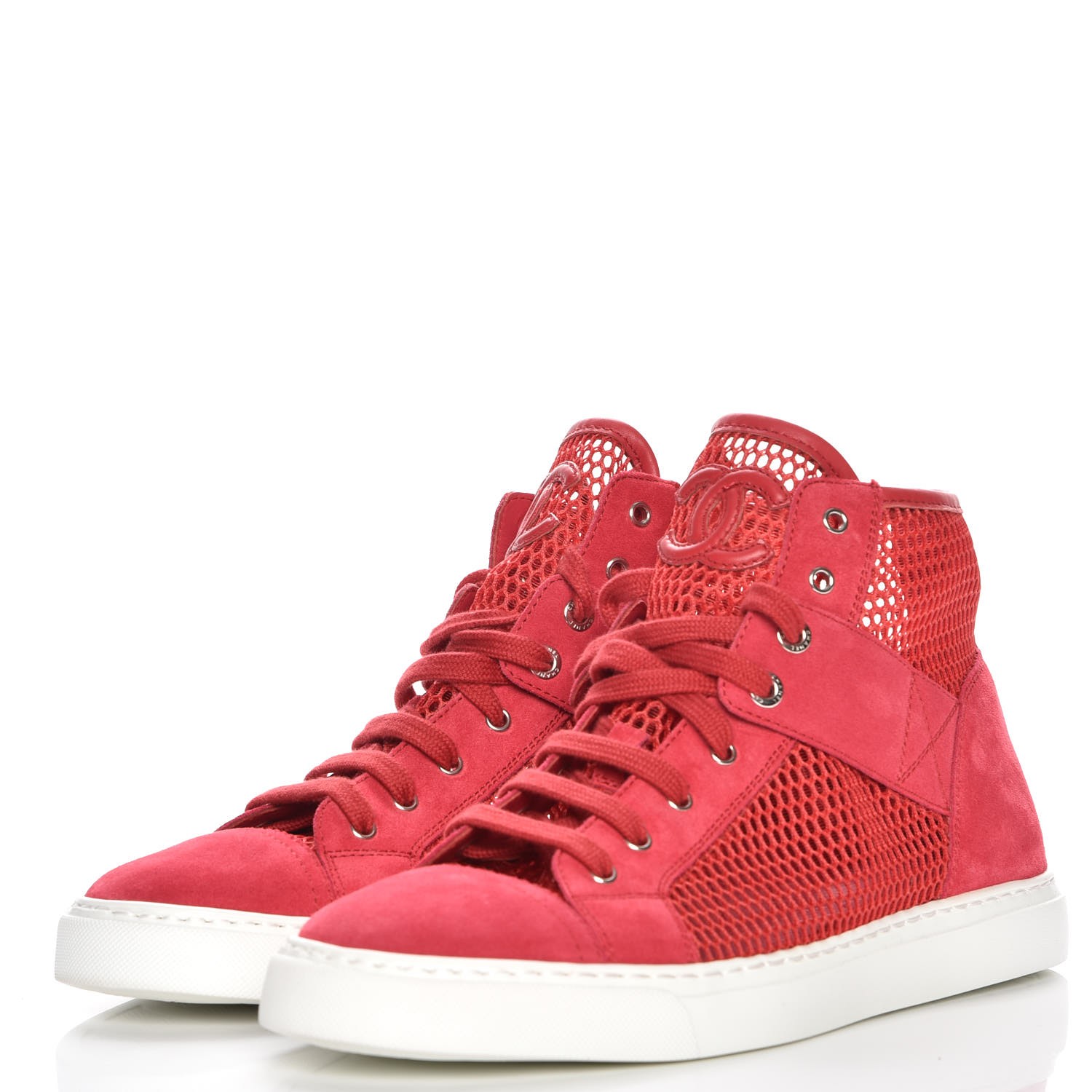 CHANEL Mesh Suede High Top Sneakers 38 Red 227398