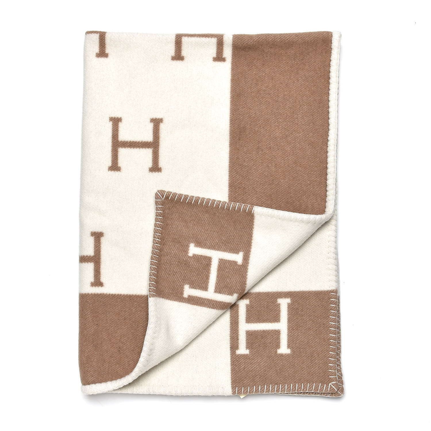 HERMES Wool Cashmere Avalon Baby Blanket Noisette Moyen White 358141