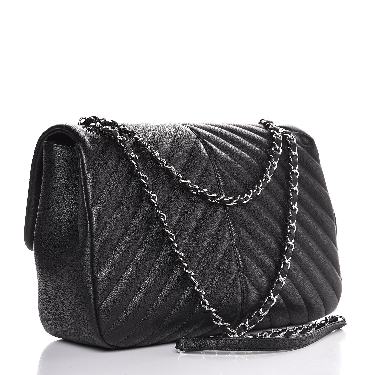 CHANEL Caviar Chevron Quilted Large Puffy CC Flap Black 341762