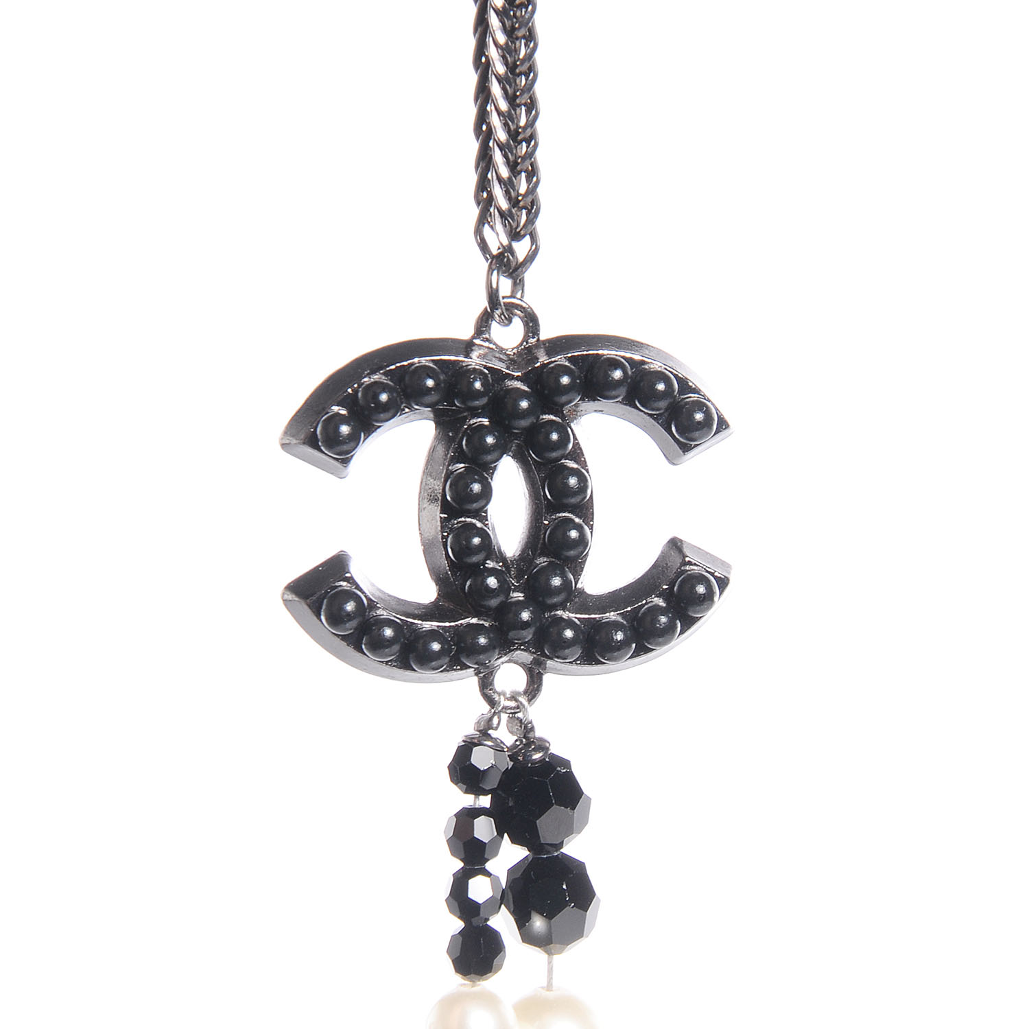 CHANEL Pearl Beaded Crystal CC Tassel Necklace Black 85747