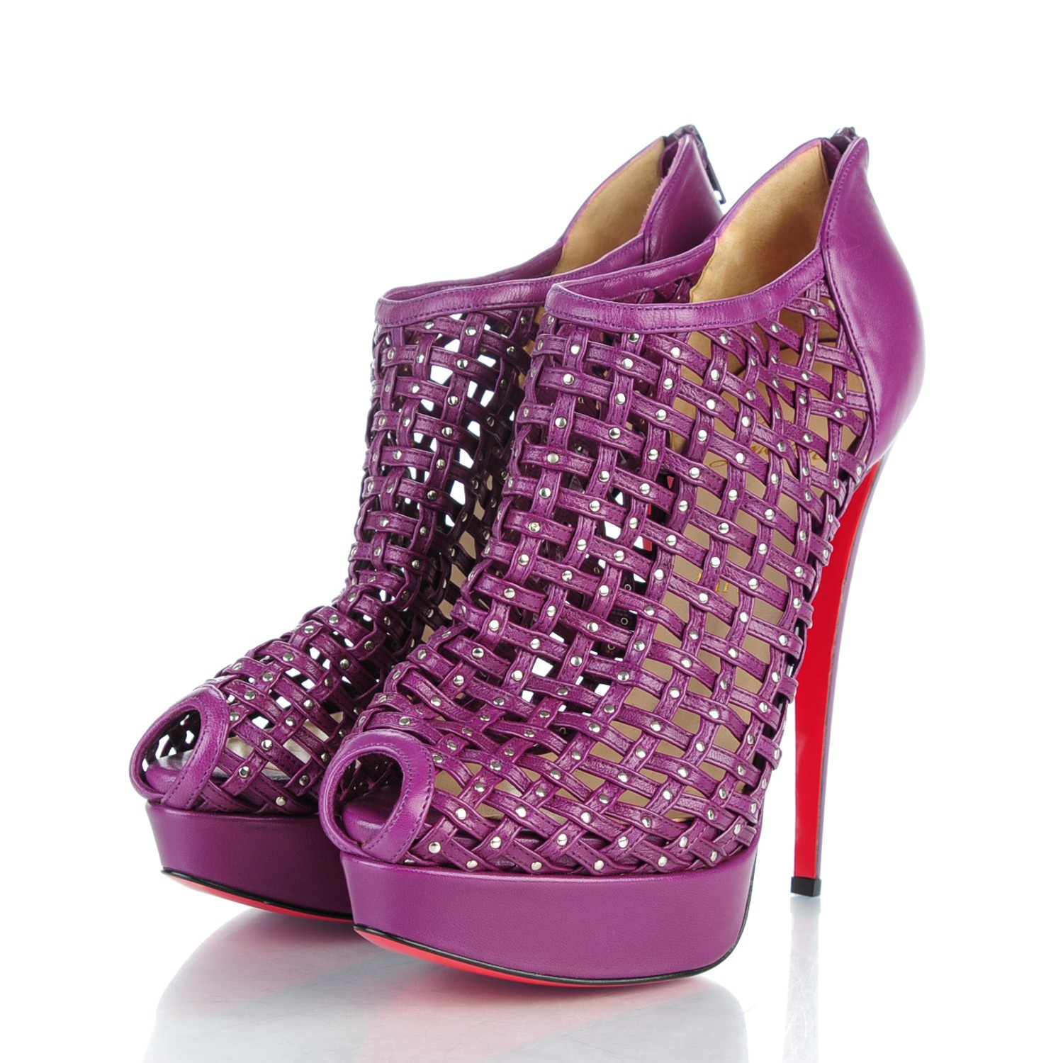 Christian Louboutin Leather Kasha Studded Peep Toe Cage Booties 41 Purple 154520