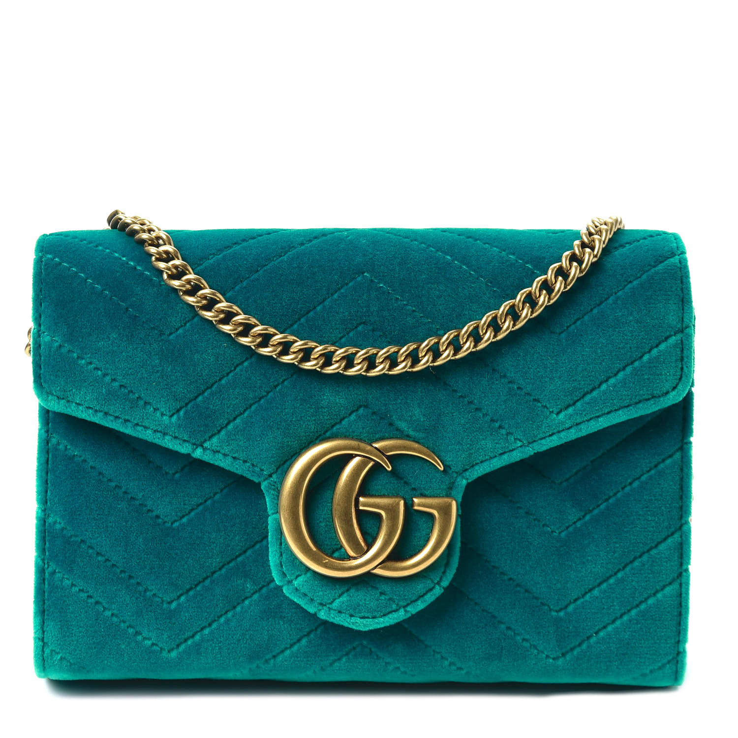 GUCCI Velvet Matelasse GG Marmont Chain Wallet Emerald 577530