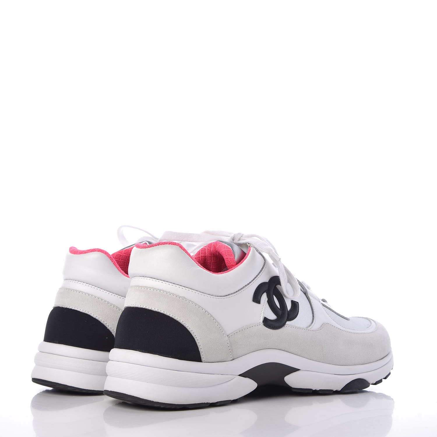 CHANEL Suede Calfskin CC Sneakers 41 White Silver Fluo Pink 319796