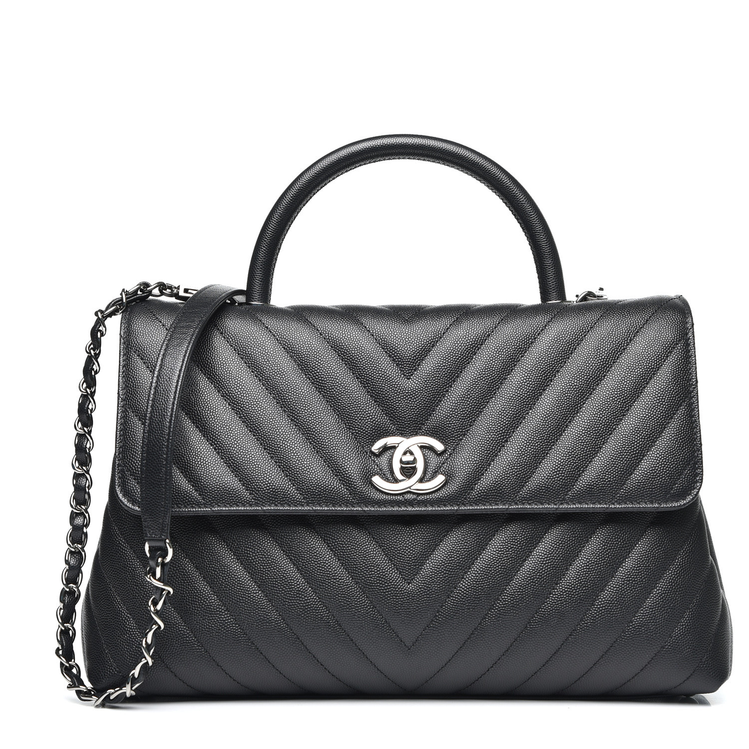 Chanel Caviar Chevron Quilted Medium Coco Handle Flap Black 542069