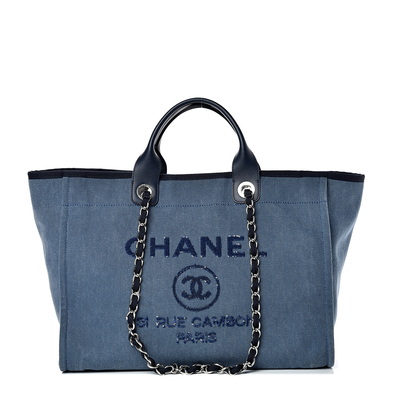 CHANEL Canvas Sequin Medium Deauville Tote Navy 537575