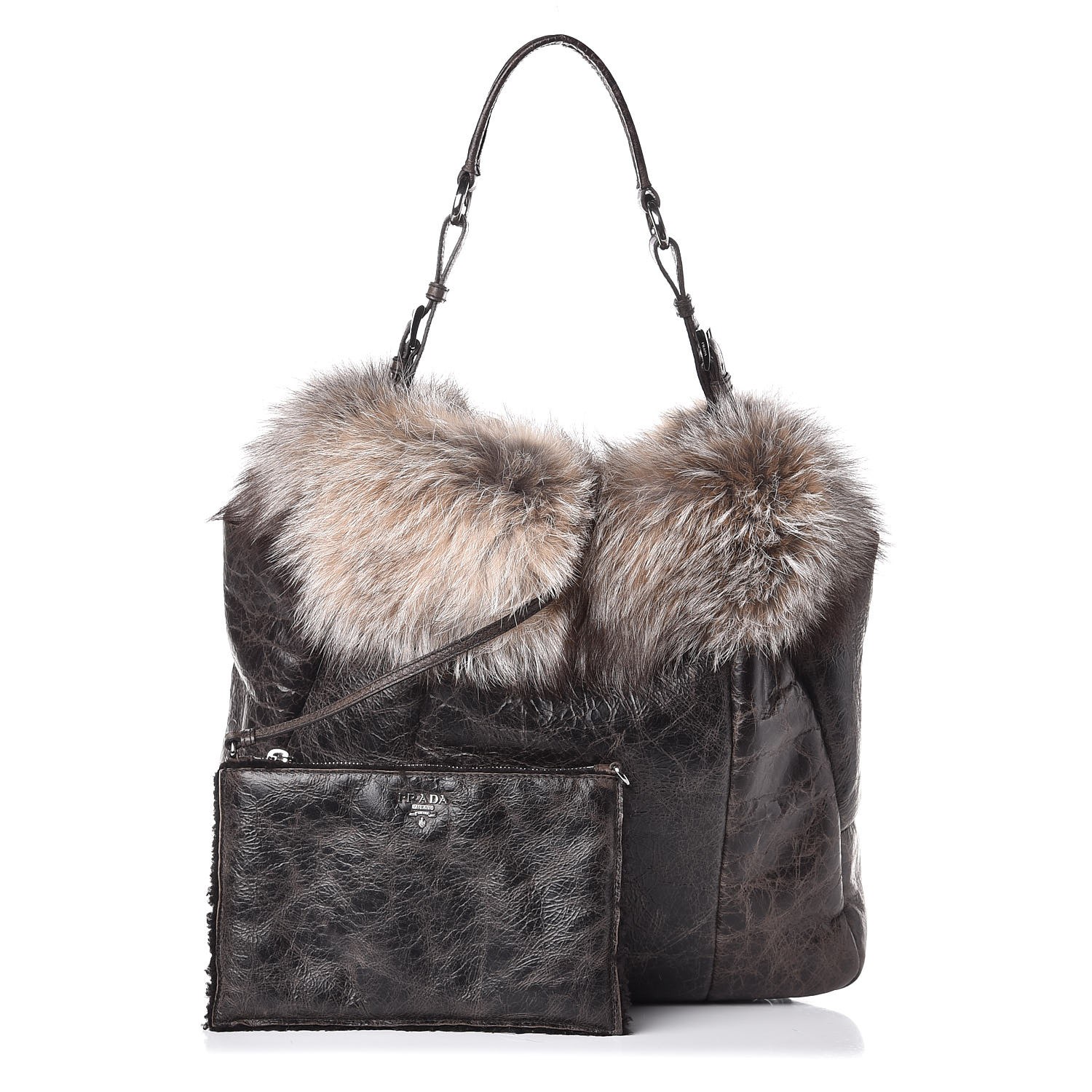 PRADA Montone Shearling Fox Fur Shoulder Bag Bruciato 317655