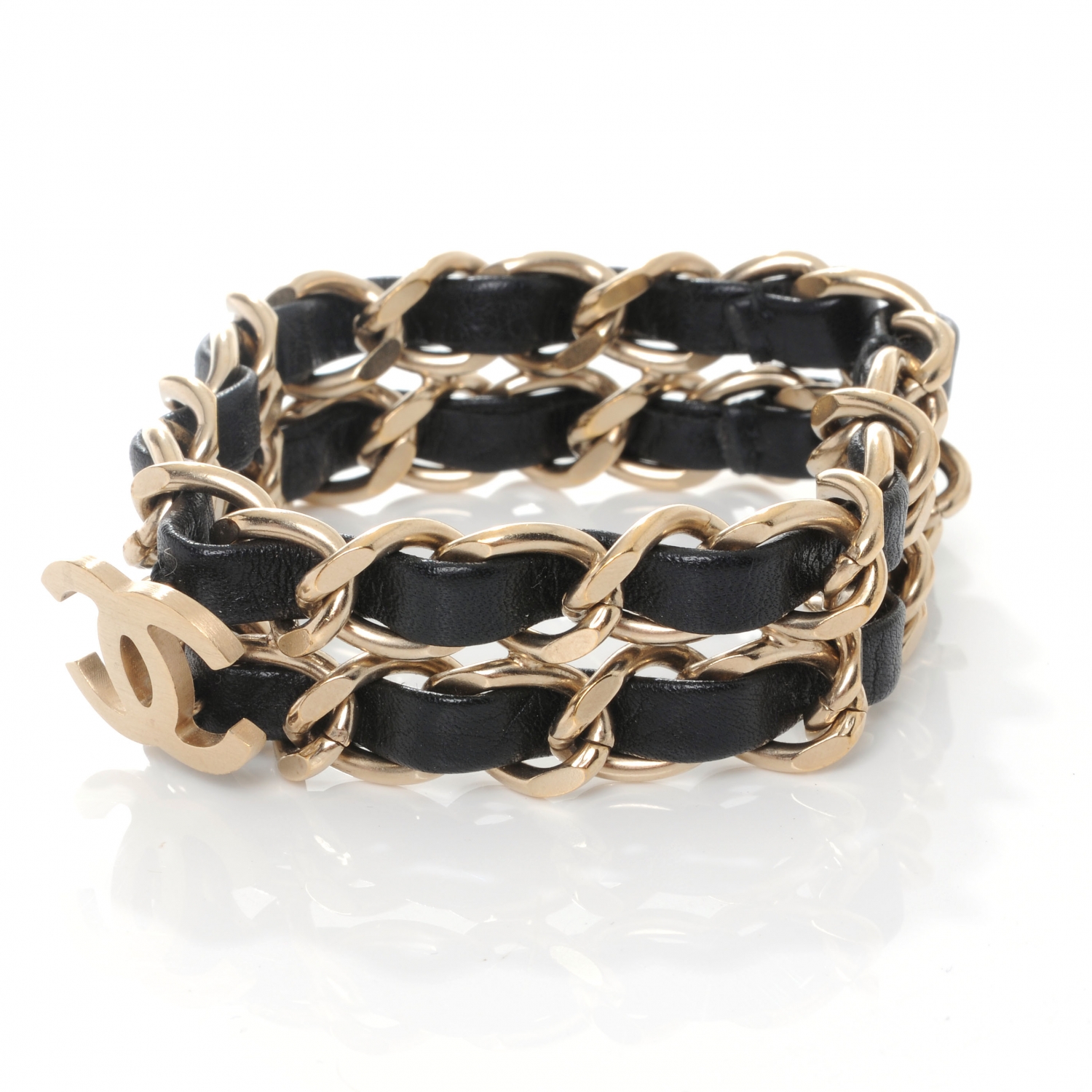 CHANEL Leather CC Chain Bracelet Black Gold 43680 | FASHIONPHILE