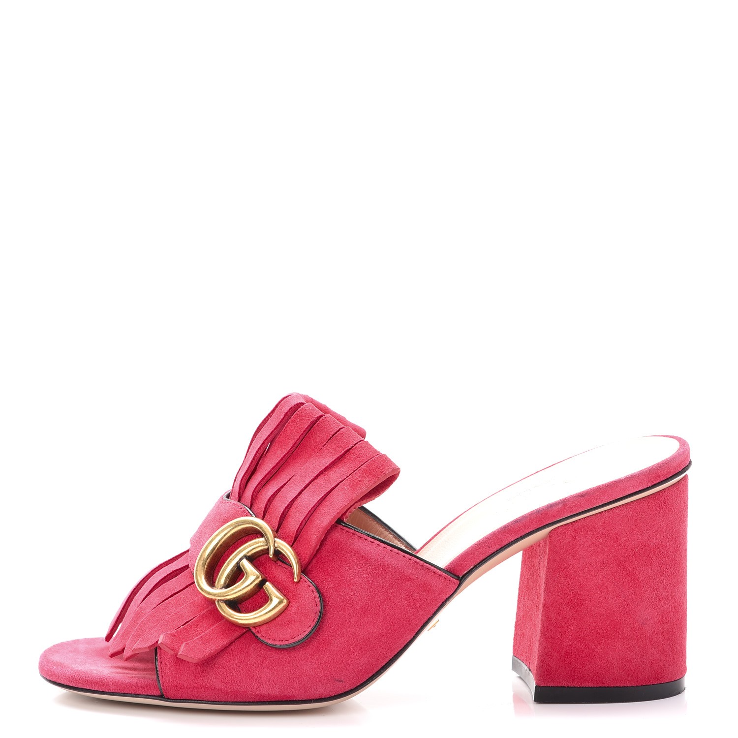 Gucci Suede Gg Marmont Fringe Mid Heel Slide 36 Hot Pink 253953