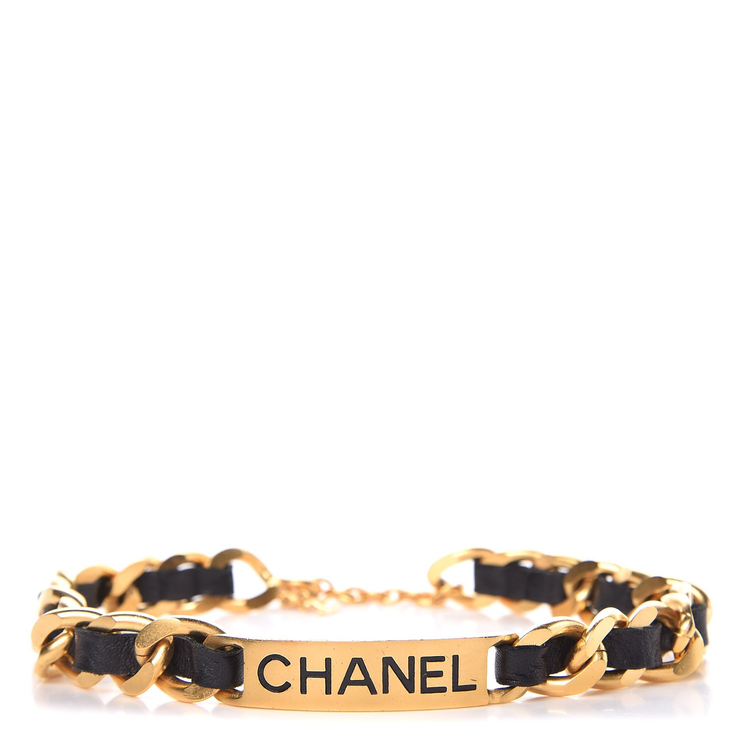 CHANEL Metal Lambskin Name Plate Choker Necklace Black Gold 324542