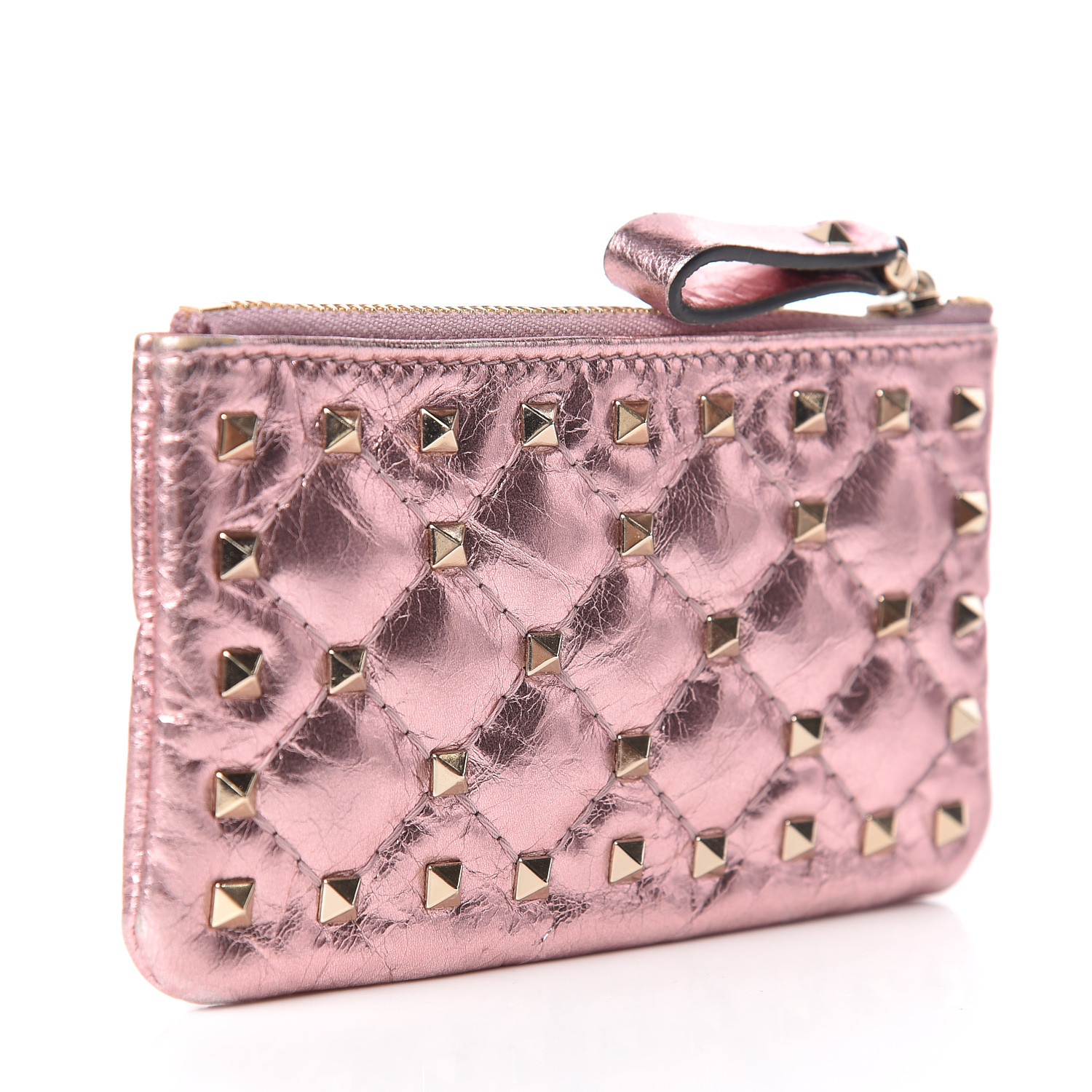 VALENTINO Metallic Lambskin Rockstud Spike Zip Coin Purse Pink 465959